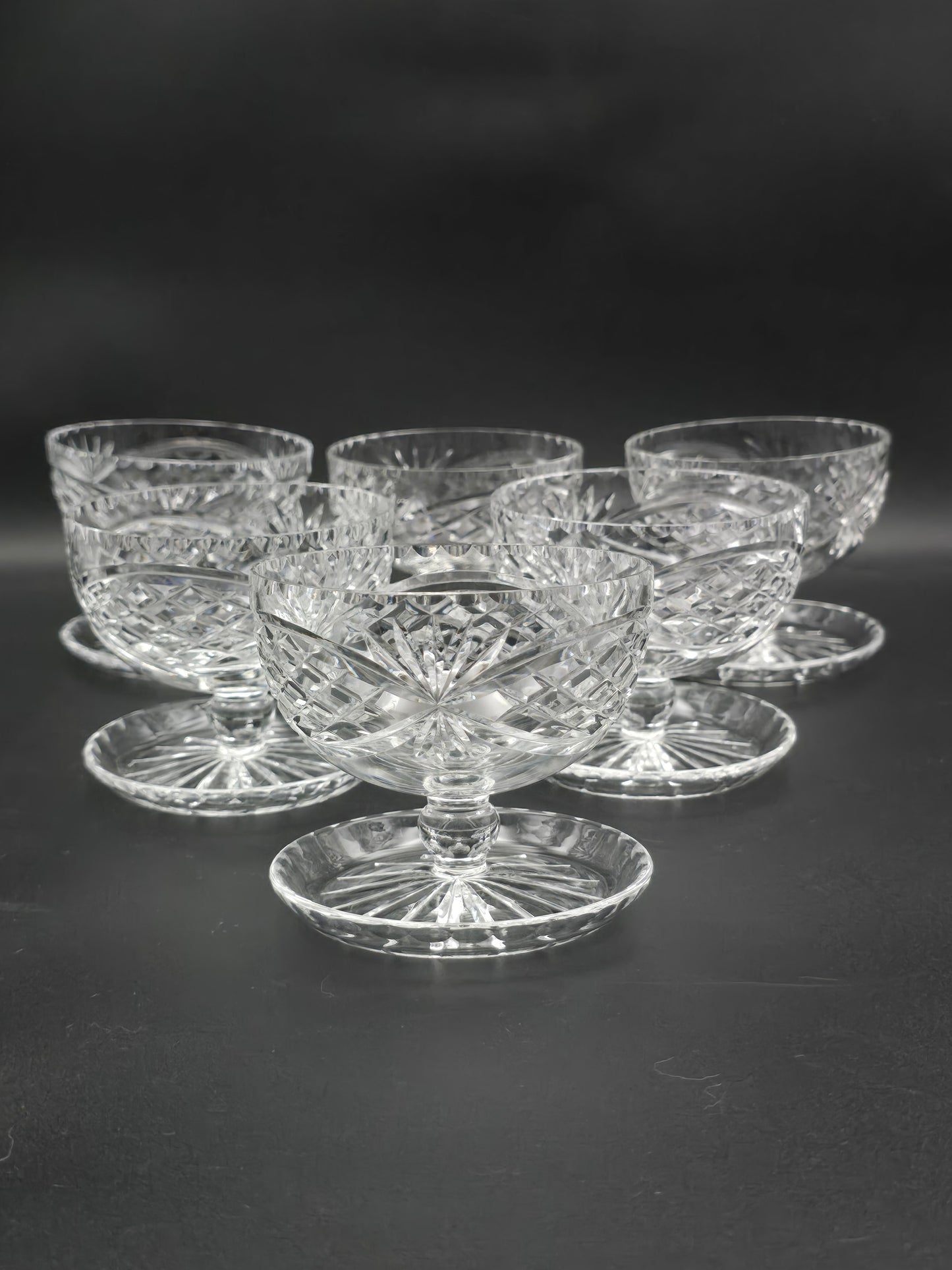 Beautiful vintage set of 6 Lipped Crystal starter or dessert saucer bowls