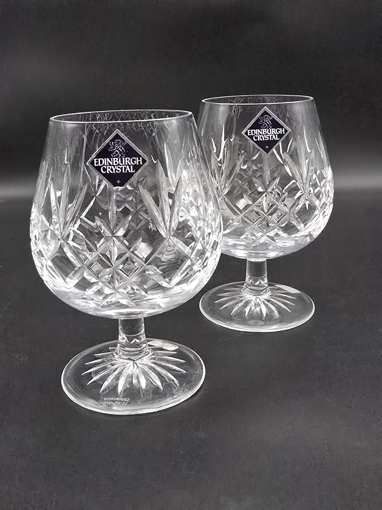 Pair of Edinburgh Crystal Lomond Pattern Crystal Brandy glasses 12oz