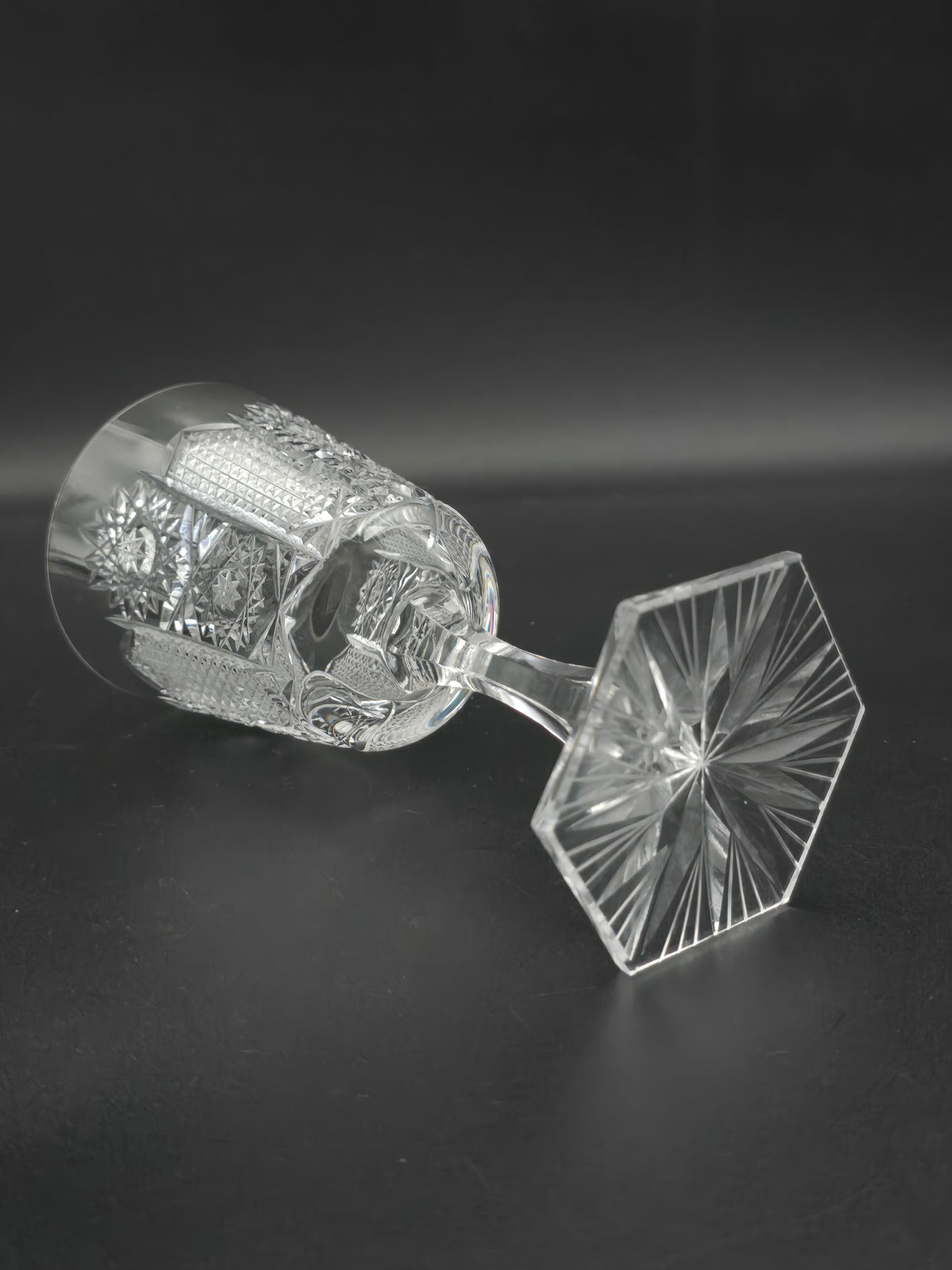 Set of 6 Bohemian vintage Crystal wine glasses with hexagonal base. 175ml
