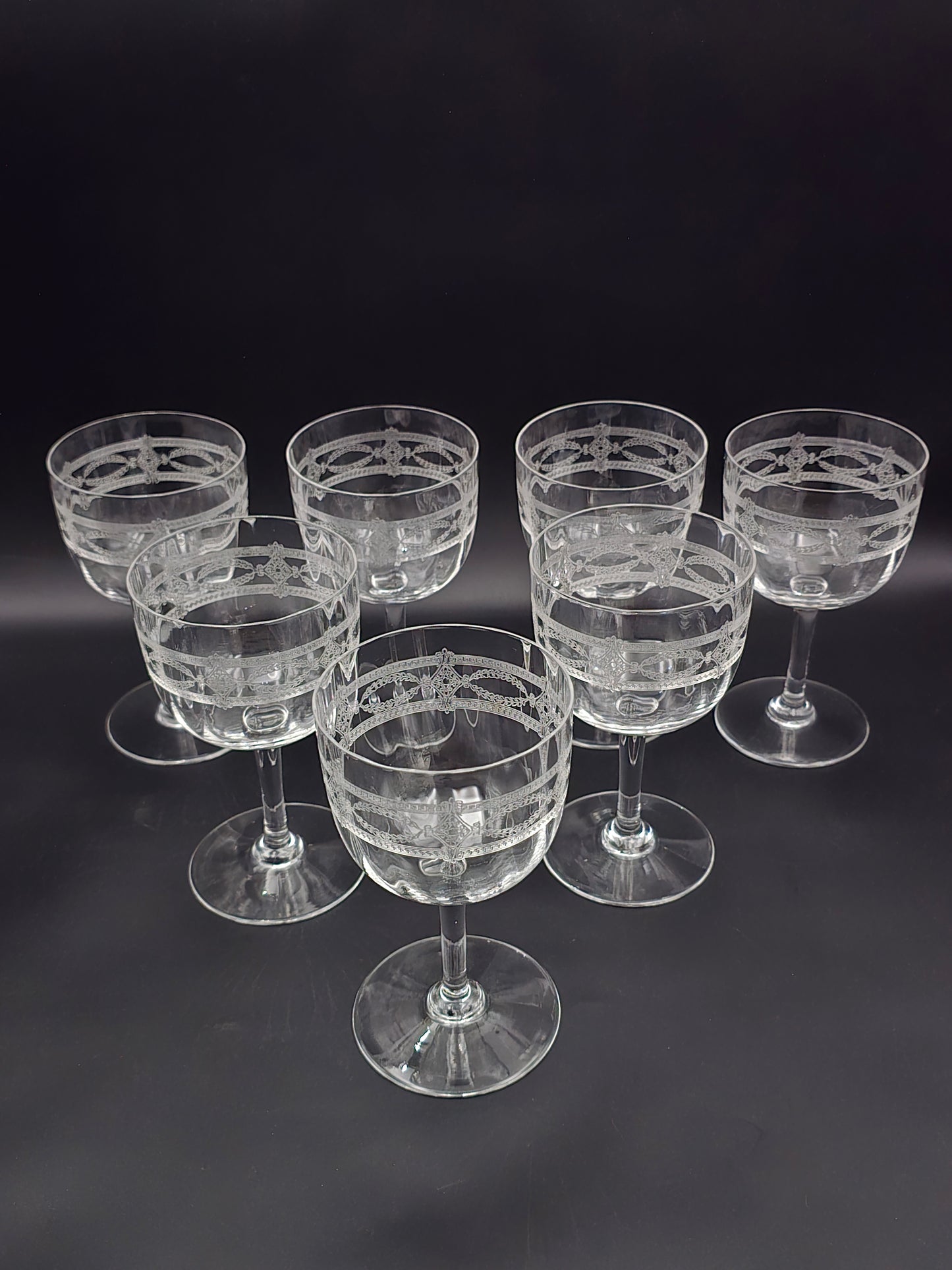 Antique French Needle-Etched Crystal Wine Glasses – Set of 7 Elegant 300ml Goblets with Trellis & Floral Design