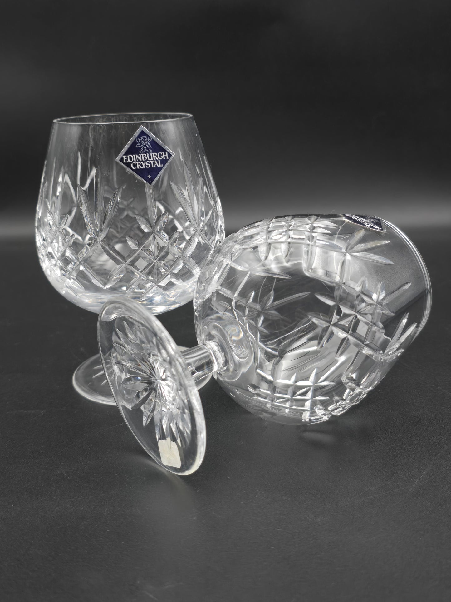Pair of Edinburgh Crystal Lomond Pattern Crystal Brandy glasses 12oz