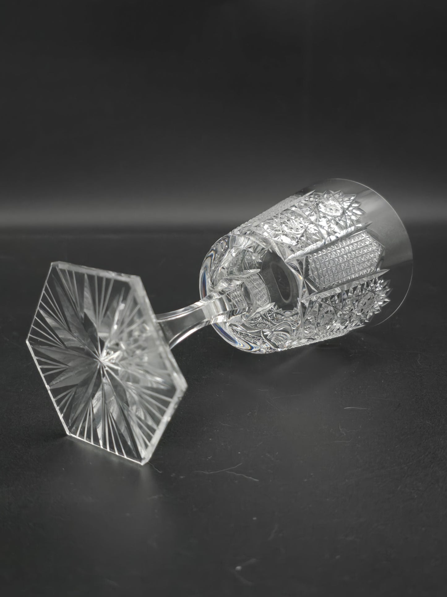 Set of 6 Bohemian vintage Crystal wine glasses with hexagonal base. 175ml