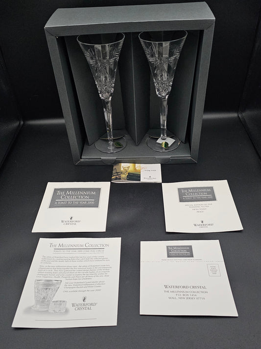 Waterford Crystal The Millennium Collection a toast to the Year 2000 Toasting Flutes Pair. Fifth Toast Peace