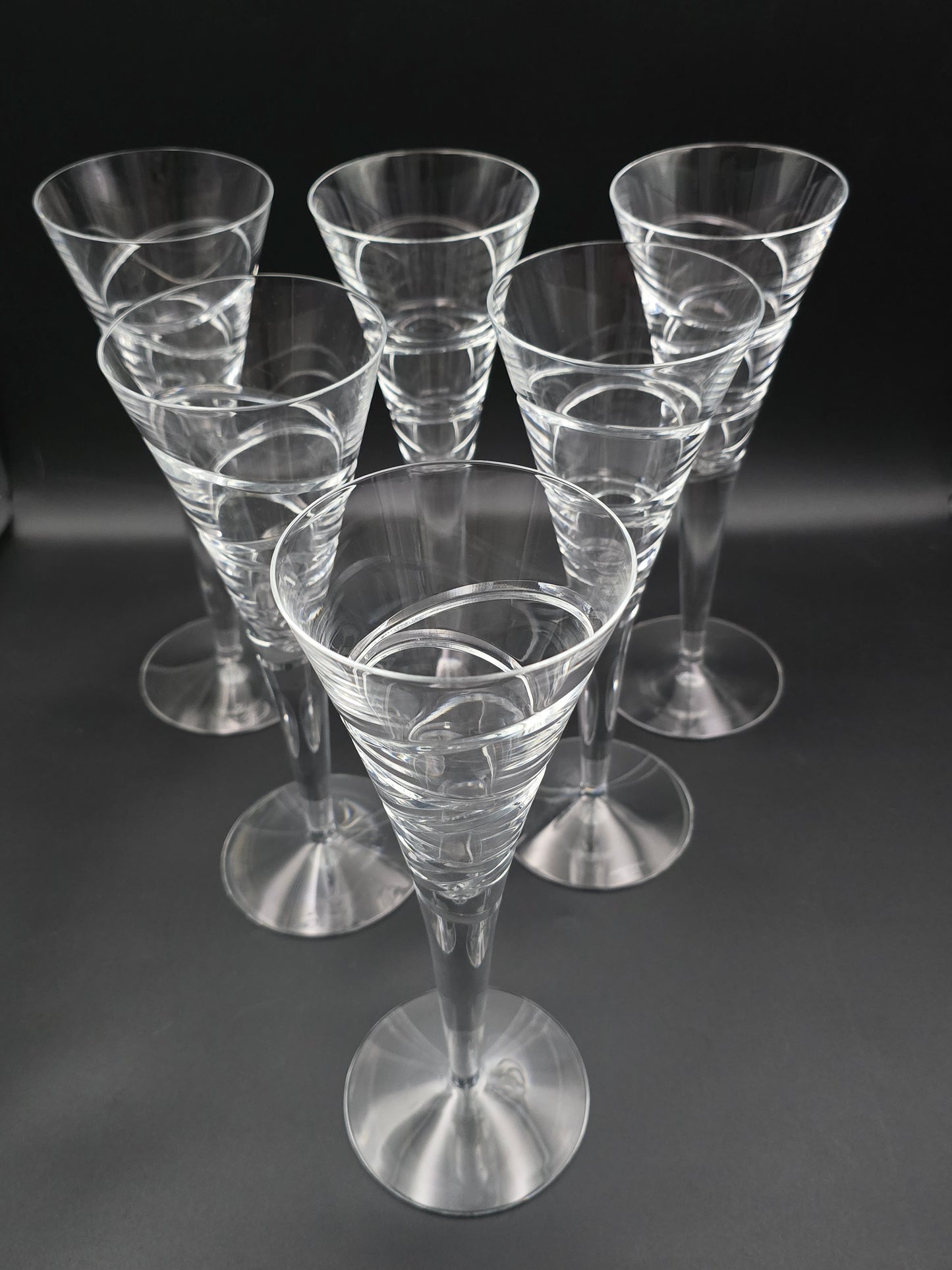 Full set of 6 Stuart Crystal Jasper Conran Large Champagne Trumpet flutes. 275ml. 26cm tall.