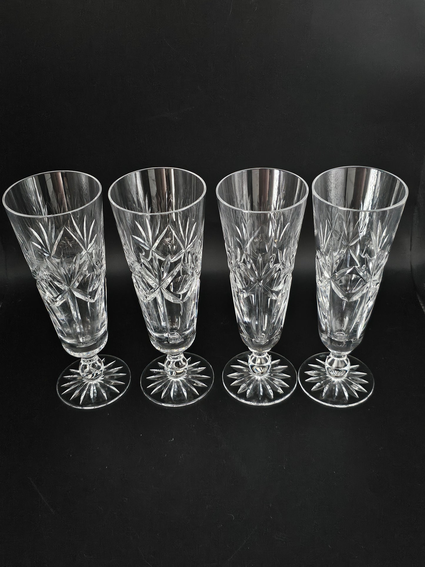 Set of 4 short stemmed Crystal Champagne Flutes. 17.5cm tall