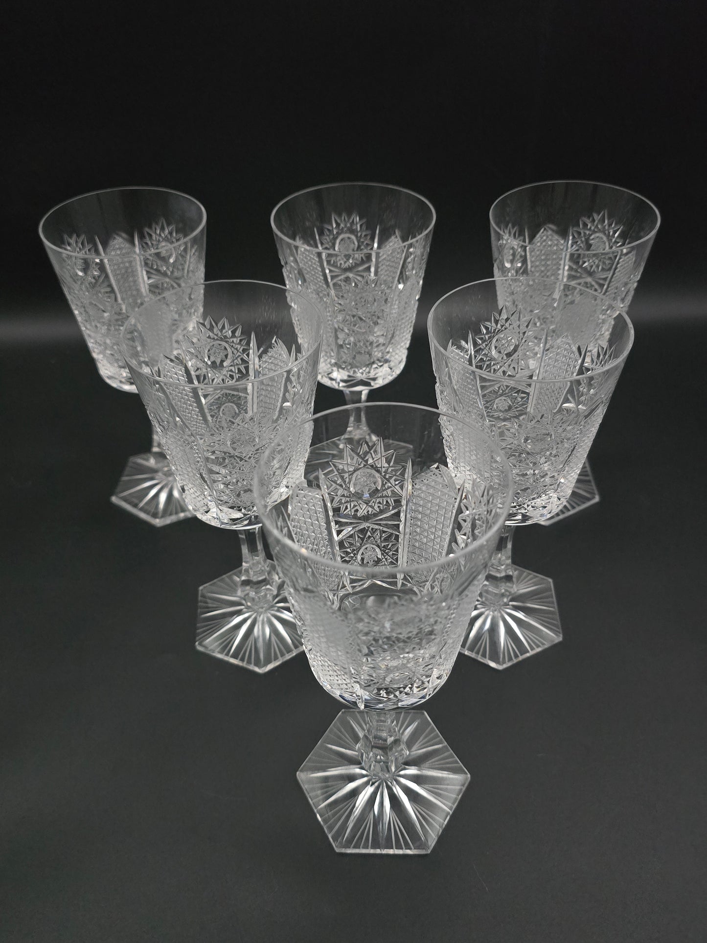 Set of 6 Bohemian vintage Crystal wine glasses with hexagonal base. 175ml