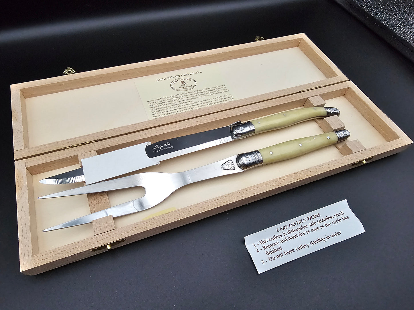 Laguiole Carving set in wooden box. Jean Dubost France. New.