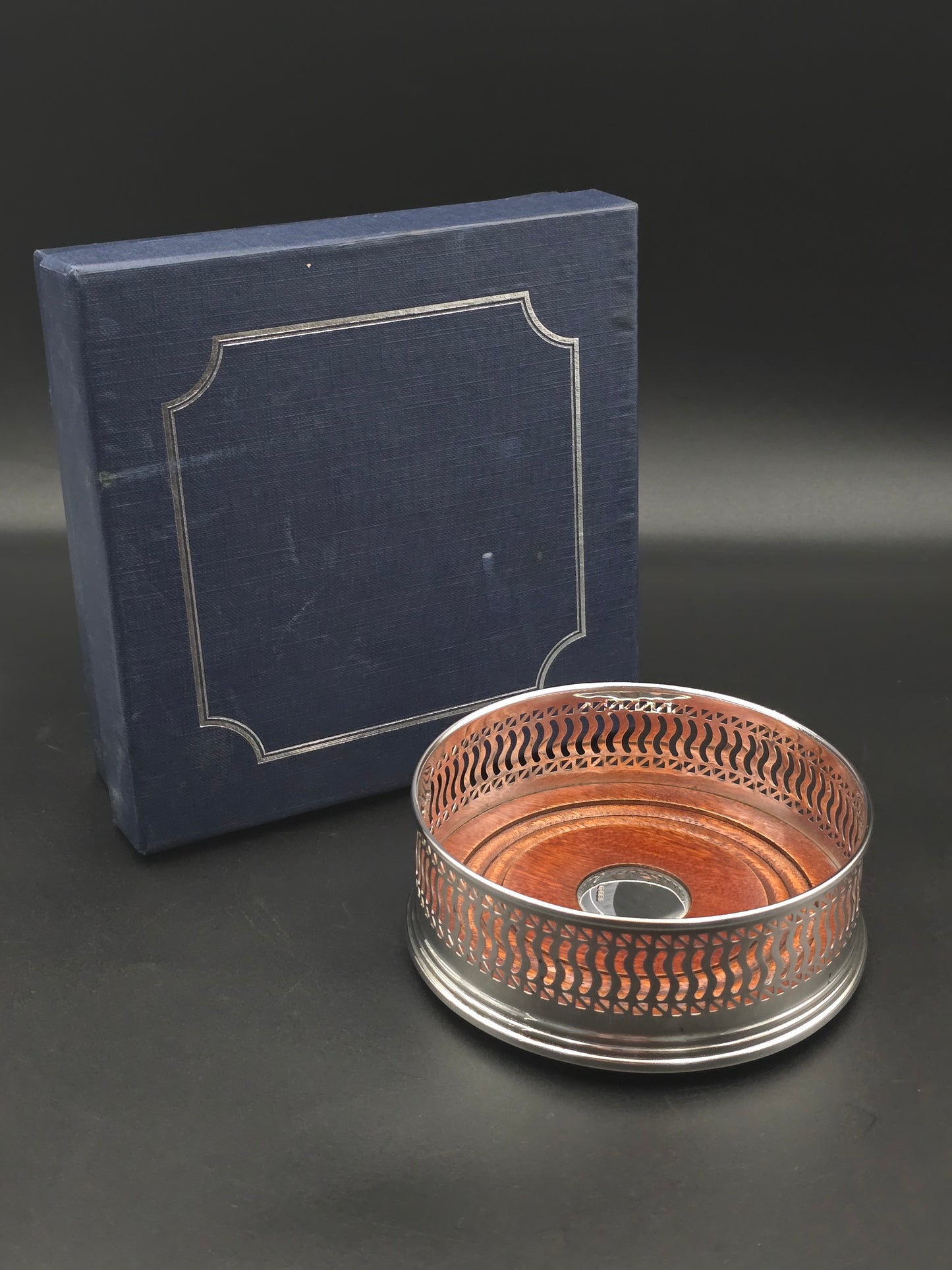 Antique Solid Silver Wine Bottle Coaster, Barker Brothers, Birmingham 1921, Wood Base & Felt Lining, Original Box