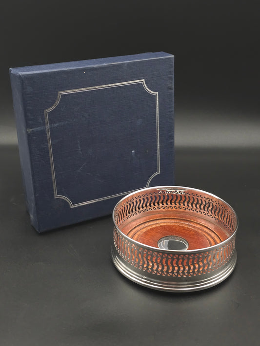 Antique Solid Silver Wine Bottle Coaster, Barker Brothers, Birmingham 1921, Wood Base & Felt Lining, Original Box