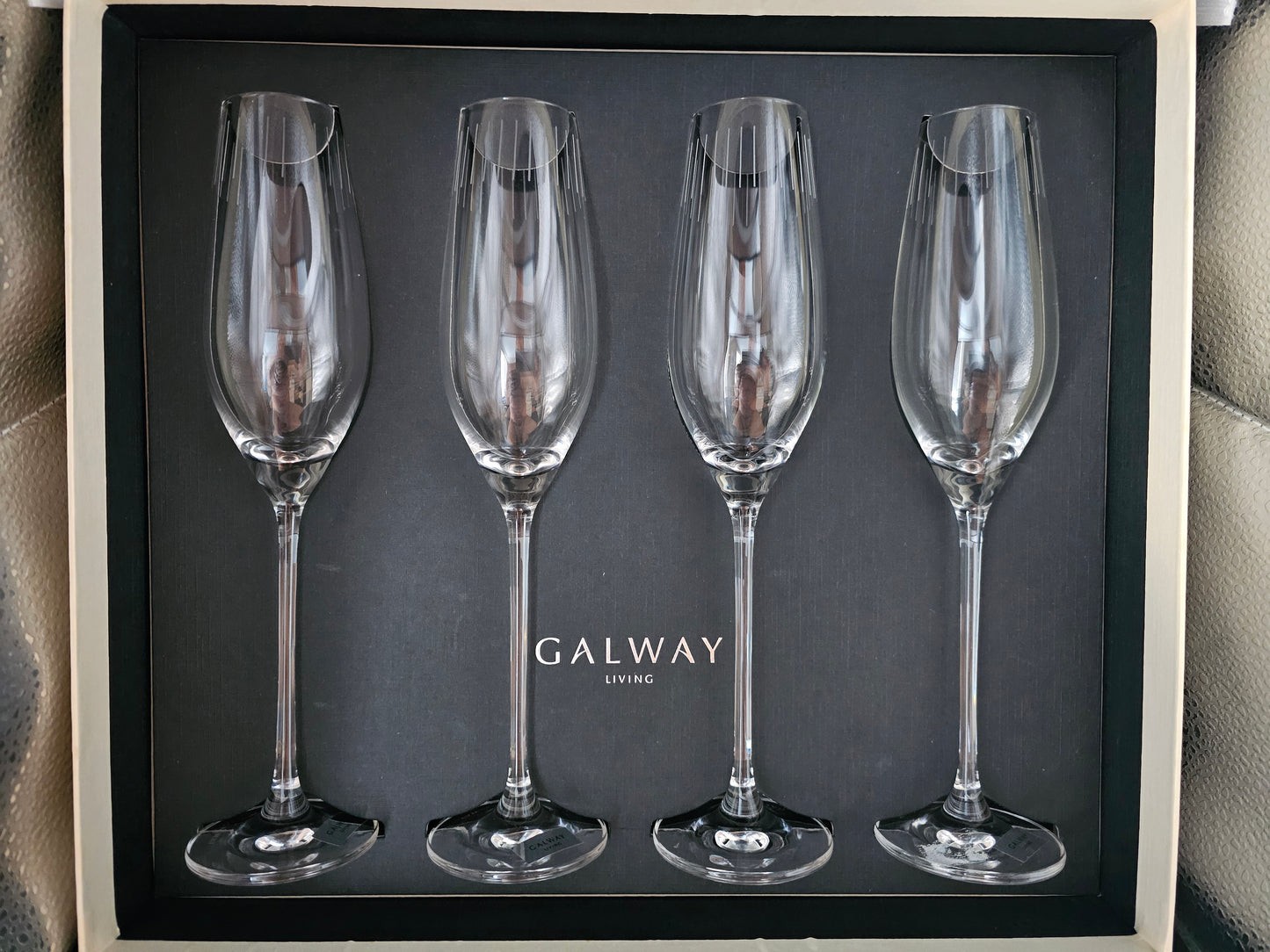 Galway Living Lines Pattern set of 4 Crystal Champagne Flutes. Boxed.