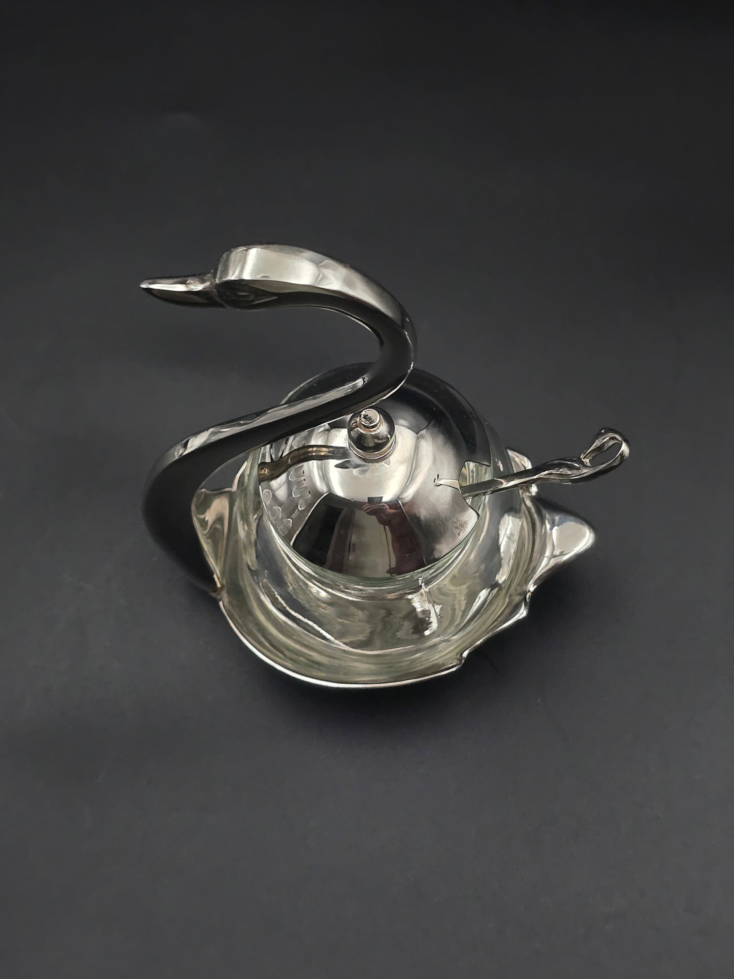 Vintage Chrome Swan Sugar Bowl with Spoon – Glass Insert – Art Deco Style Condiment Dish