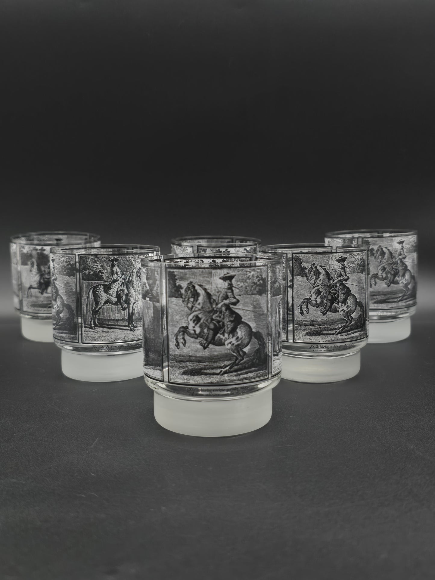 Six Mid Century Vintage Kurt Hammer Horse Riding Tumblers – Bavarian German Frosted Glassware, 8oz Folk Art Crystal Set