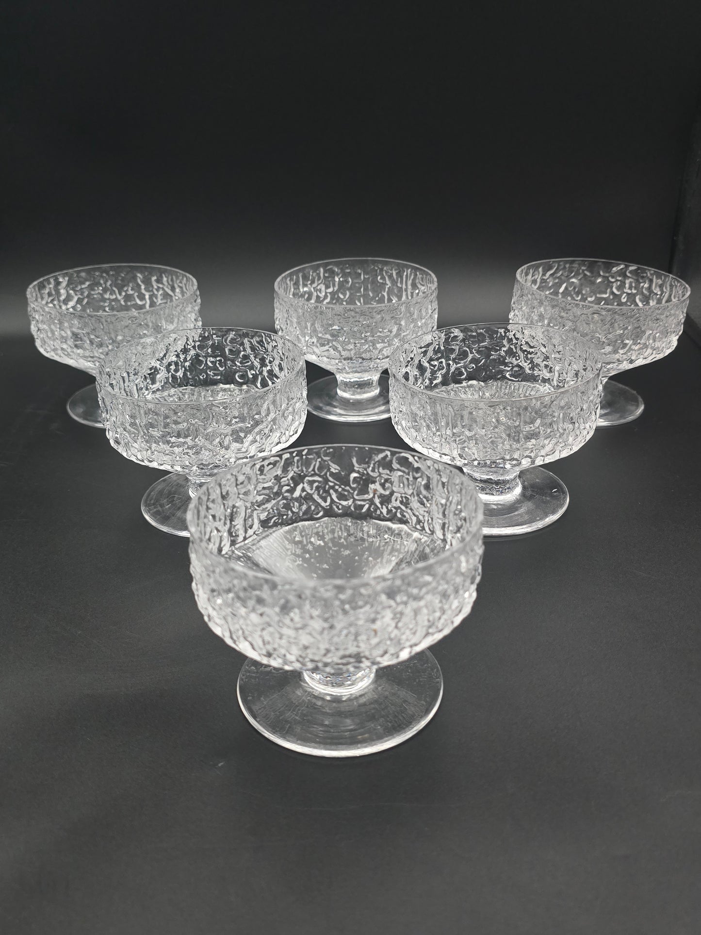 Set of 6 Whitefriars “Glacier/Bark” Dessert Bowls by Geoffrey Baxter – Mid‑Century Textured Glass, Perfect Condition
