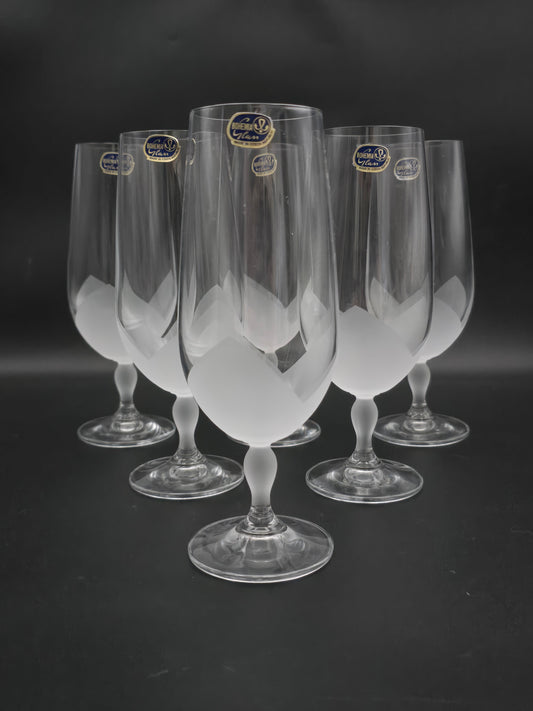 Set of 6 Bohemian large Frosted Glass Champagne Flutes. 350ml. 19cm tall