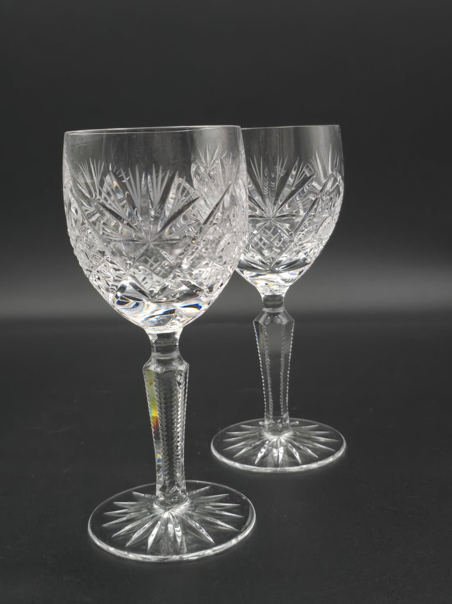 Pair of Vintage Cut Small Crystal Wine or Sherry Glasses – 150ml | Tapered Textured Stem | Star Base | British c.1950s–70s