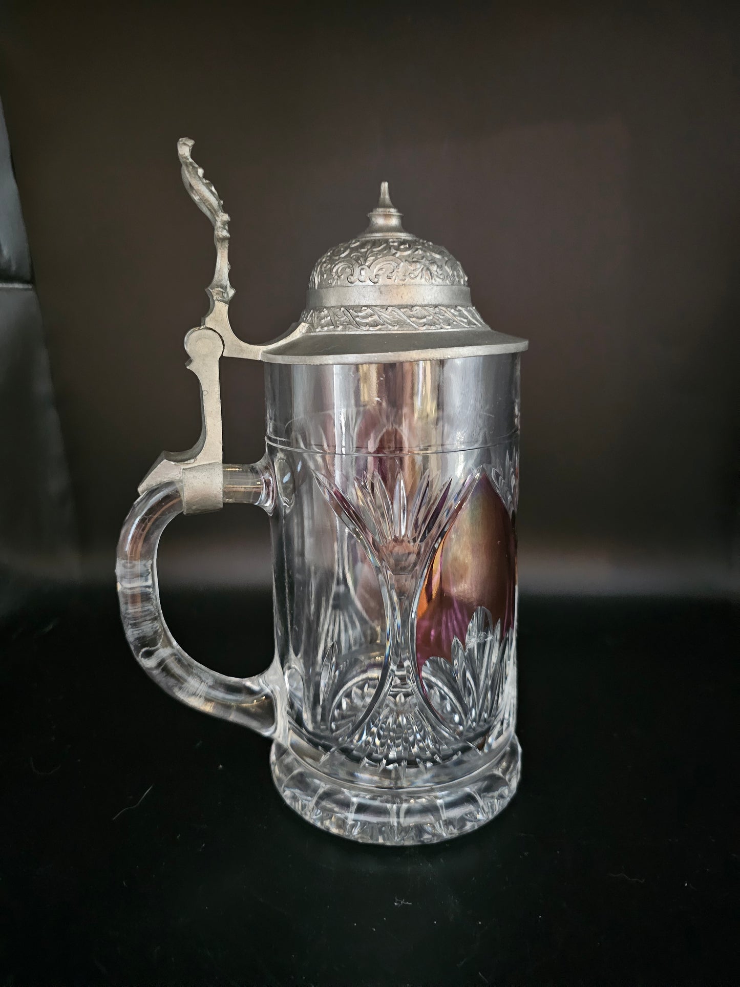 Crystal Beer Stein with Pewter Lid & Purple decoration