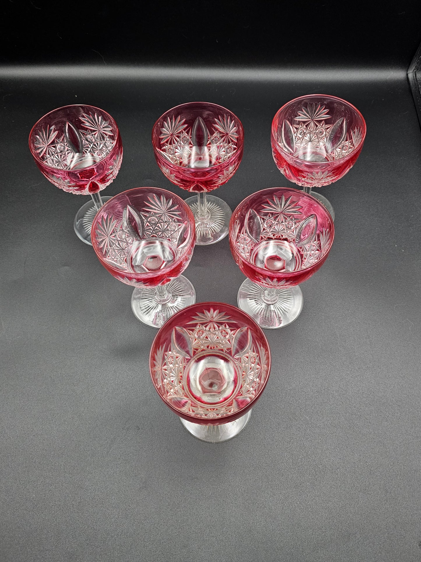 Beautiful set of 6 Cranberry Pink Crystal Coupes 150ml