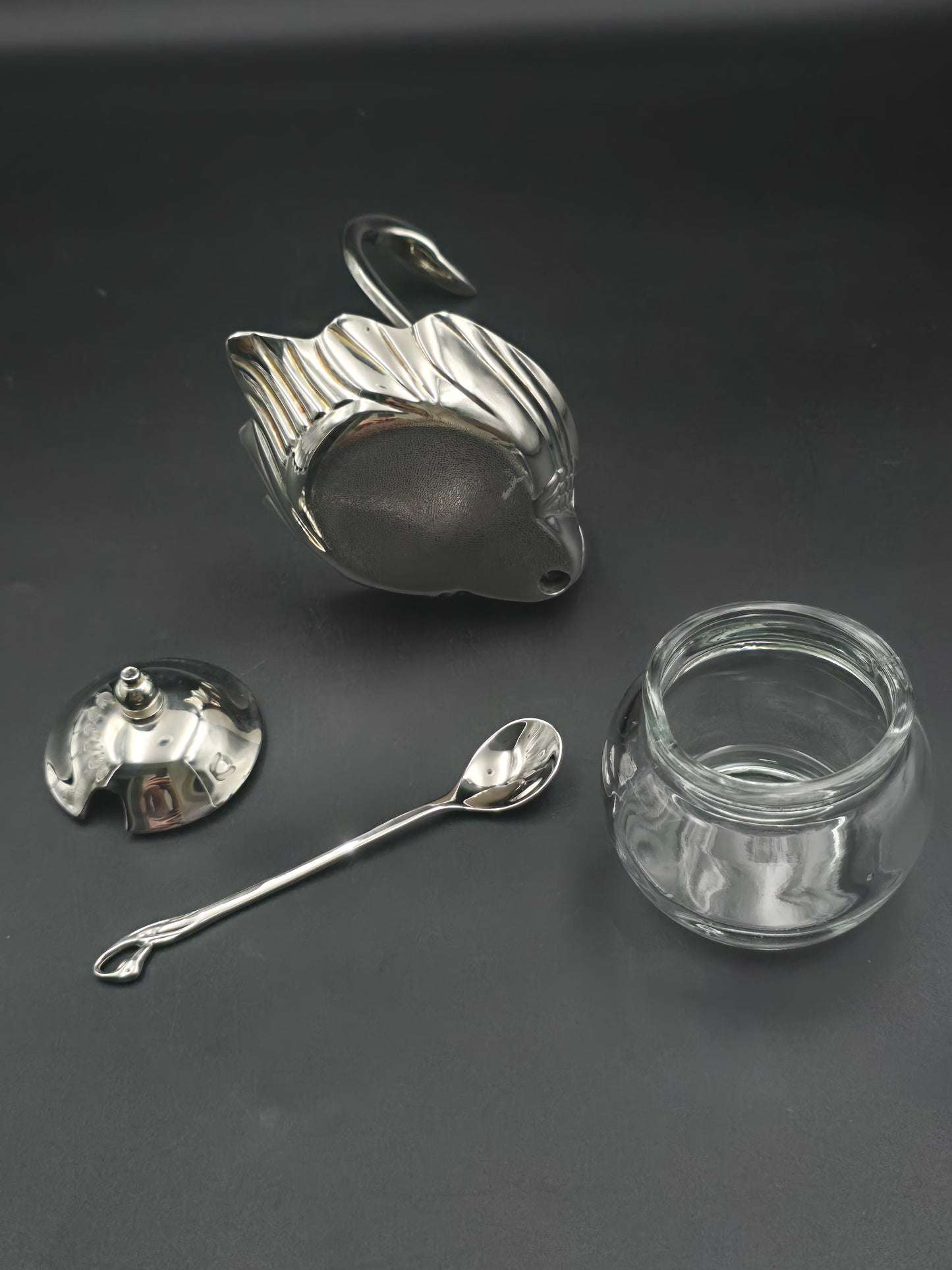 Vintage Chrome Swan Sugar Bowl with Spoon – Glass Insert – Art Deco Style Condiment Dish