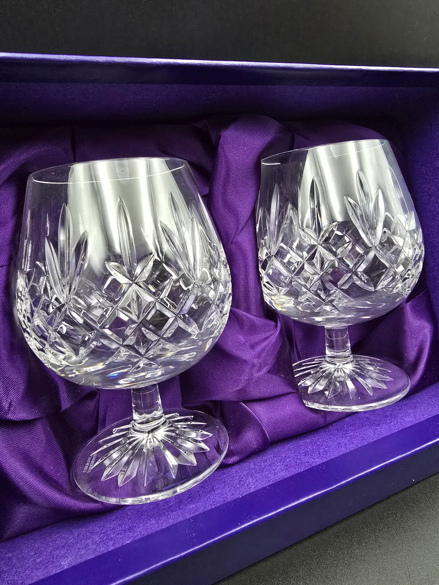 Pair of Vintage Edinburgh Crystal Lomond Pattern Brandy Glasses 12oz, Star Cut Base, Boxed, 12.7cm Tall