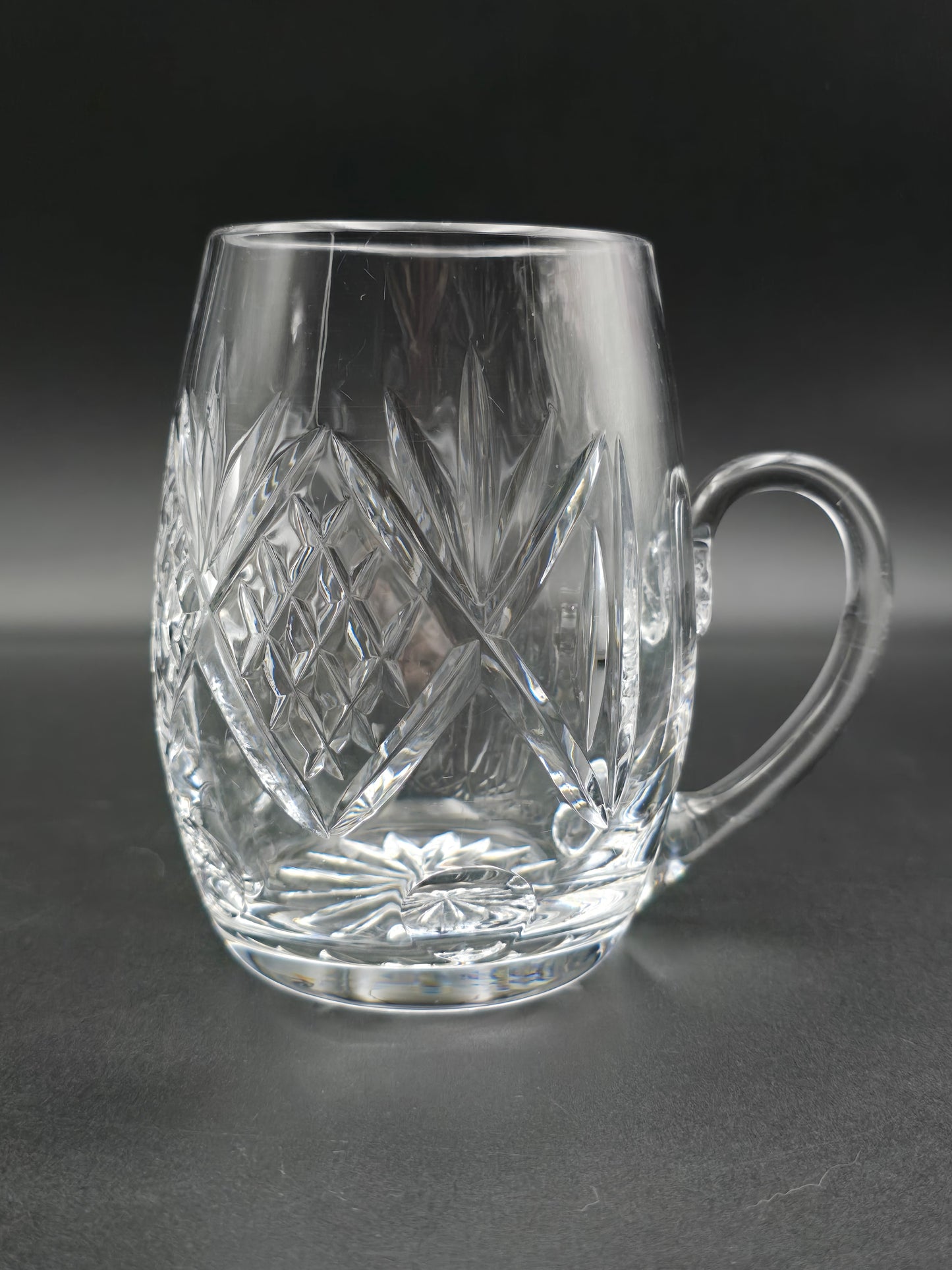 Vintage Oval Crystal Beer Tankard – Cut Glass with Star Base, Flutes & Cross Hatch – Heavy Unmarked Barware