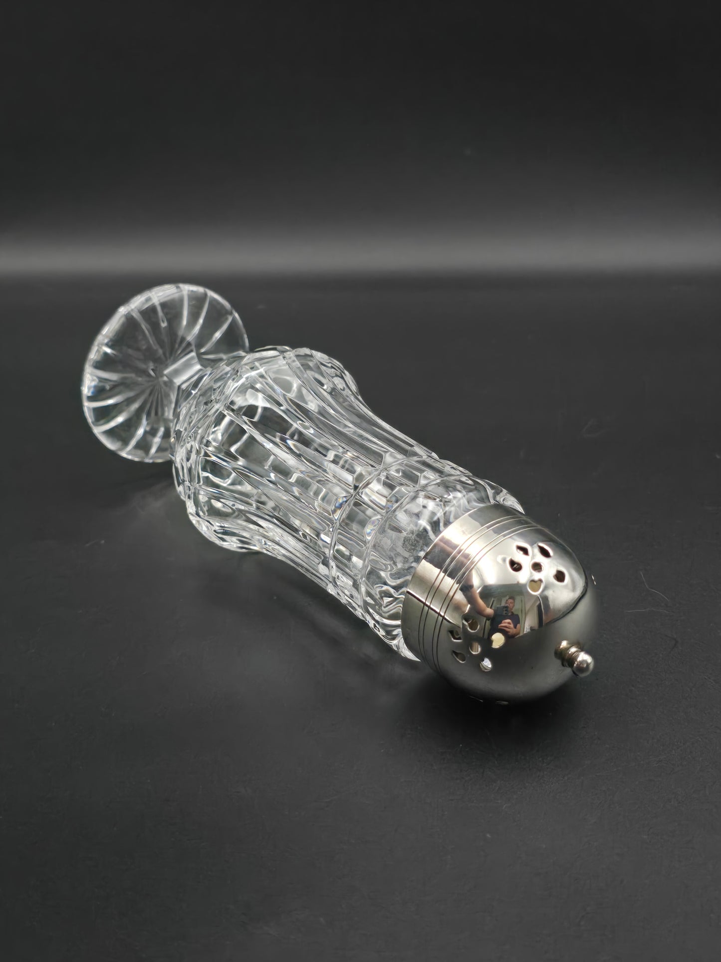 Large Vintage cut glass sugar shaker. 20cm tall.