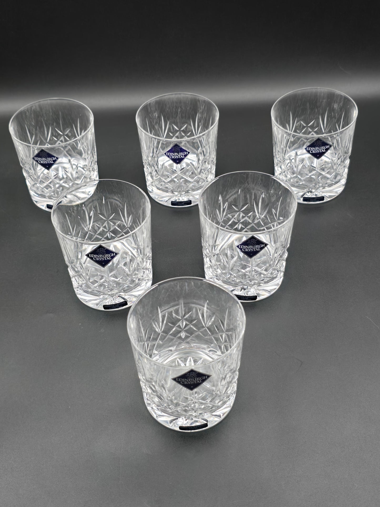 Set of 6 Vintage Edinburgh Crystal Lomond Pattern Crystal whisky tumblers. Boxed. 7oz