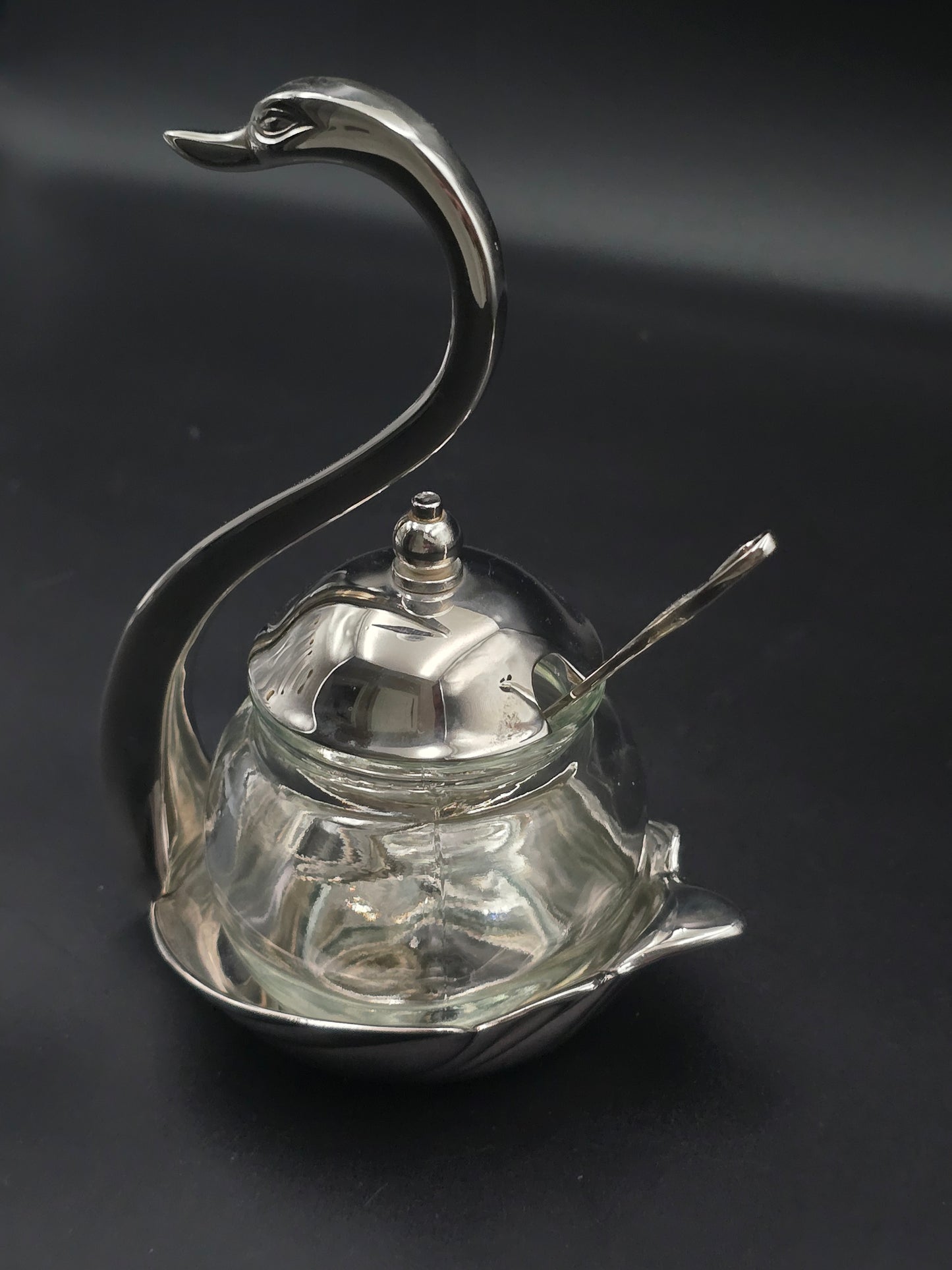 Vintage Chrome Swan Sugar Bowl with Spoon – Glass Insert – Art Deco Style Condiment Dish