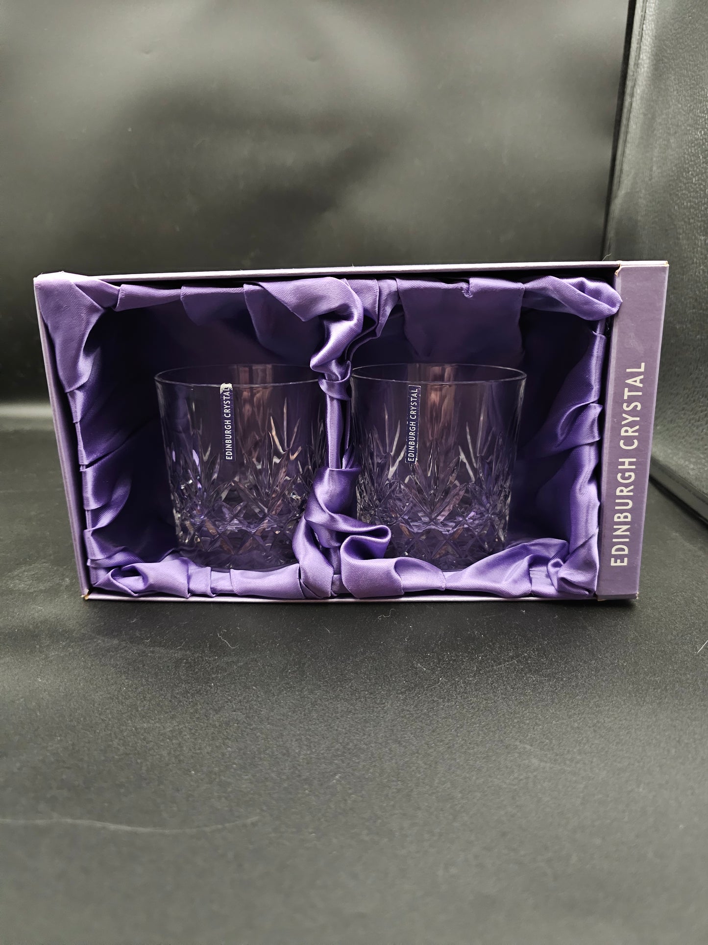 Pair of Edinburgh Crystal Tay Pattern 9oz Whisky Tumblers with lables Boxed