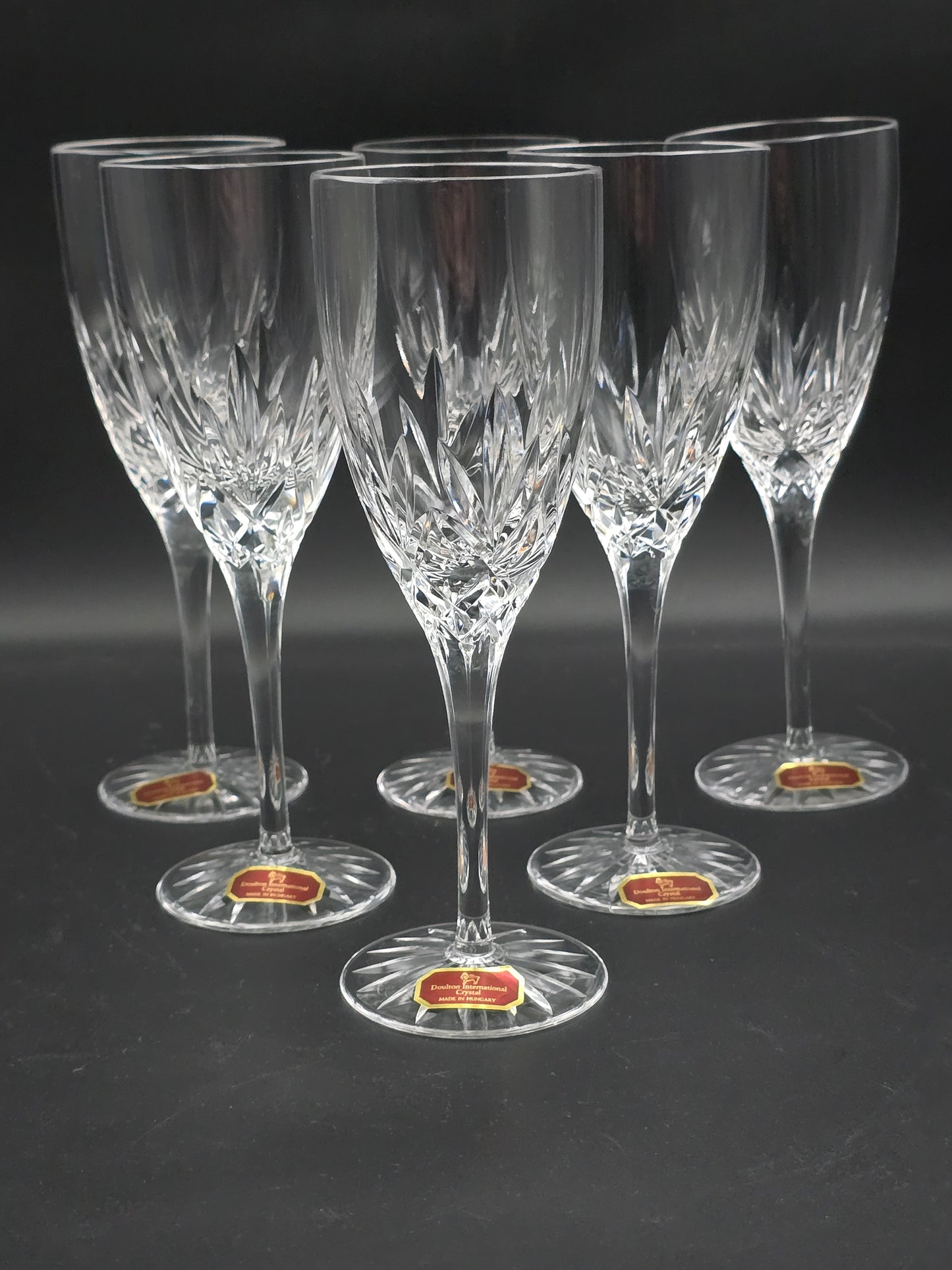 Set of 6 Royal Doulton International Crystal Champagne Flutes. Boxed 150ml.  18.5cm tall.