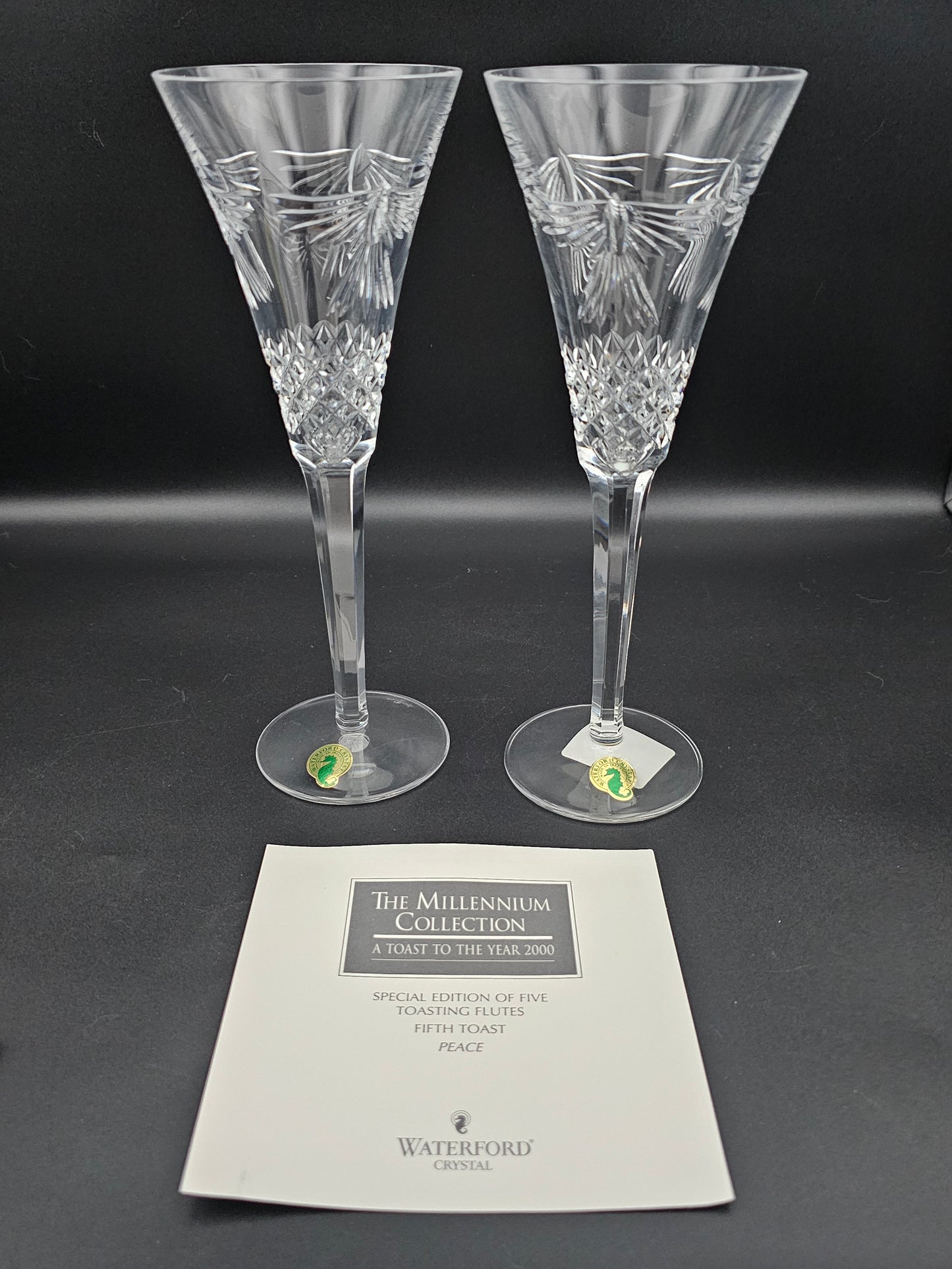 Waterford Crystal The Millennium Collection a toast to the Year 2000 Toasting Flutes Pair. Fifth Toast Peace