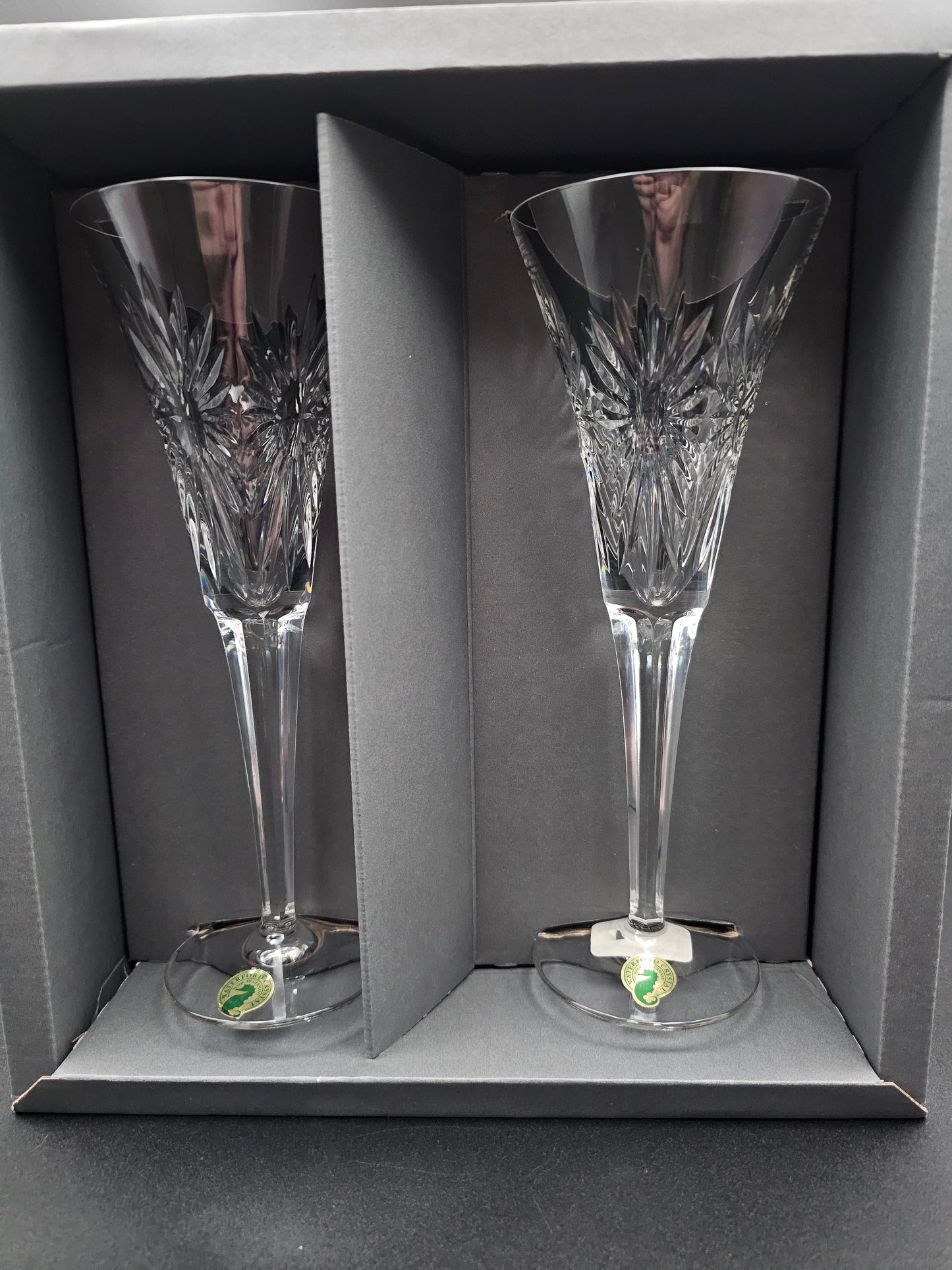 Waterford Crystal Champagne Pair of trumpet flutes.The Millennium Collection a toast to the year 2000.Third Toast Health. 23.5cm tall