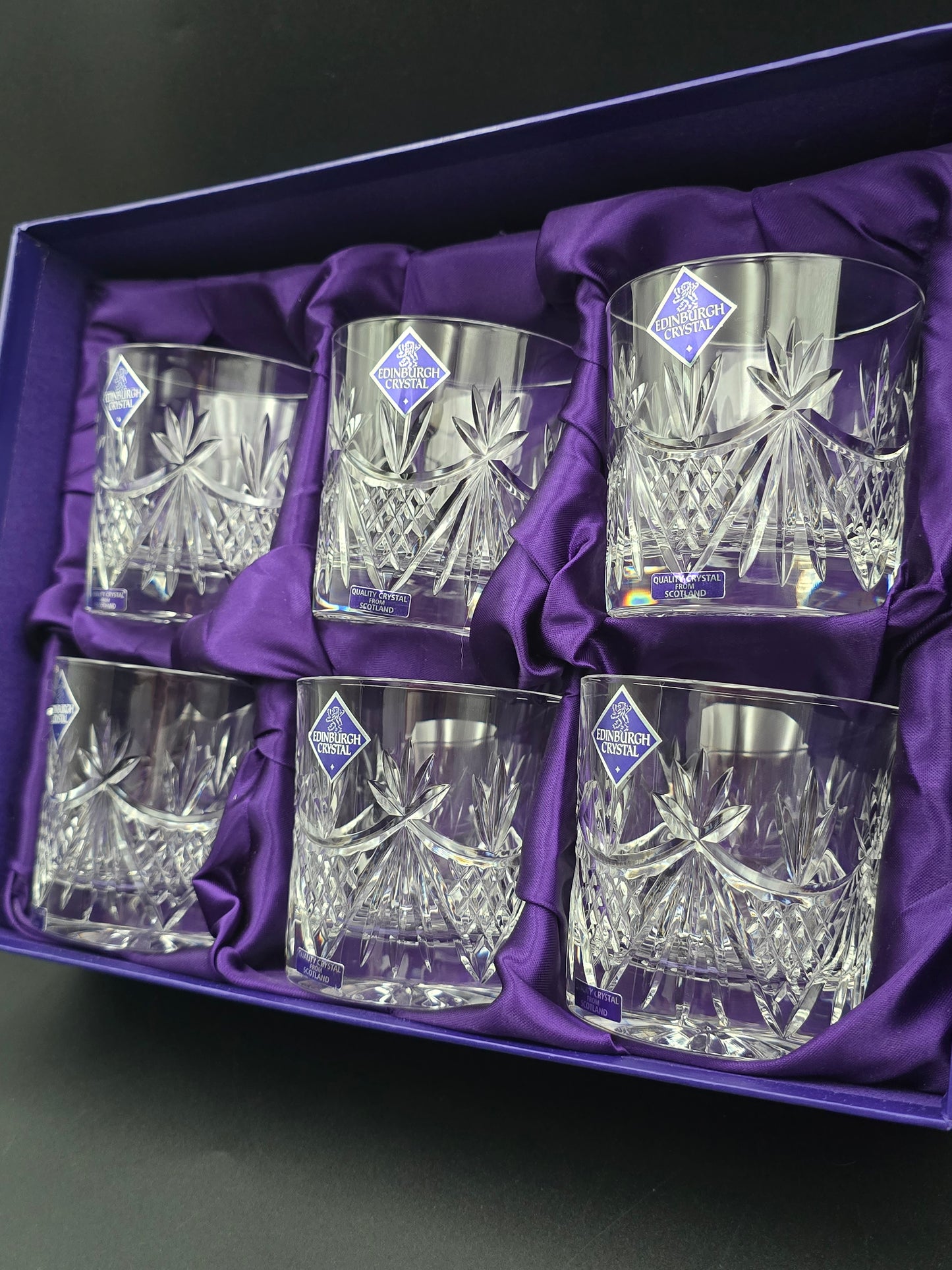 Set of 6 Edinburgh Crystal EDI41 Pattern Crystal Whisky Tumblers. 10oz. Boxed.