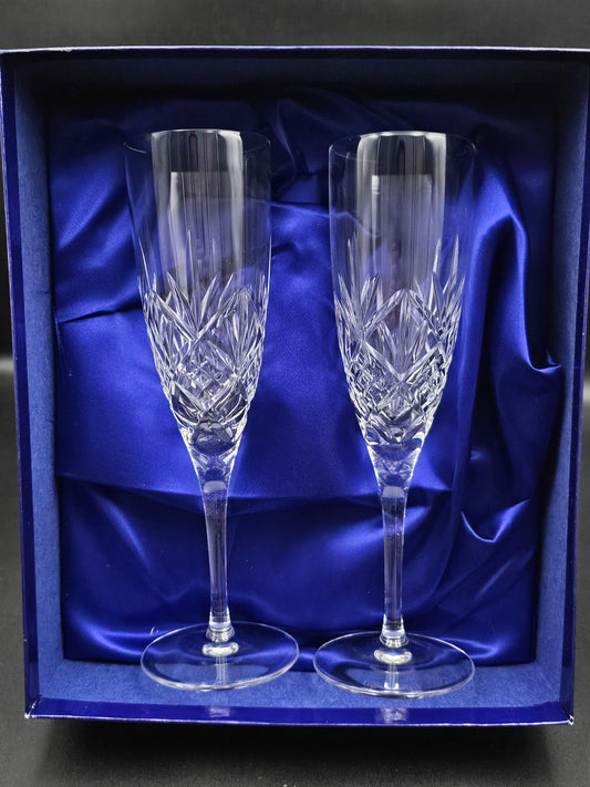 Pair of Royal Doulton Crystal Champagne Flutes Hellene Pattern.