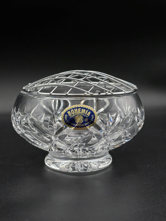 Bohemia Crystal Small Rose Posy Bowl with Star Base & Wire Mesh Frog, 4.5" Vintage Czech Crystal Vase