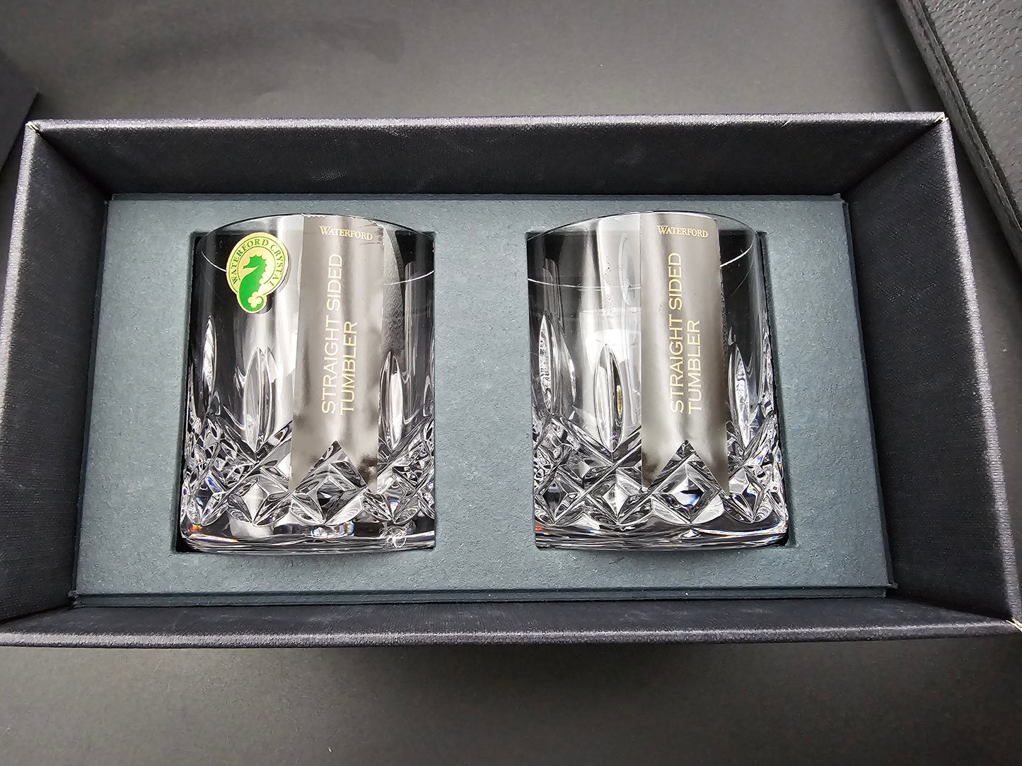 Waterford Crystal straight sided tumblers pair Lismore pattern. Boxed 7oz