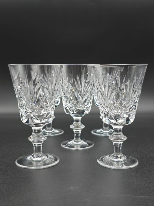 Set of 5 Royal Doulton ‘Juno’ Crystal Wine Glasses – Knopped Stem – 12.5cm Tall – Vintage British Glassware – Immaculate Condition