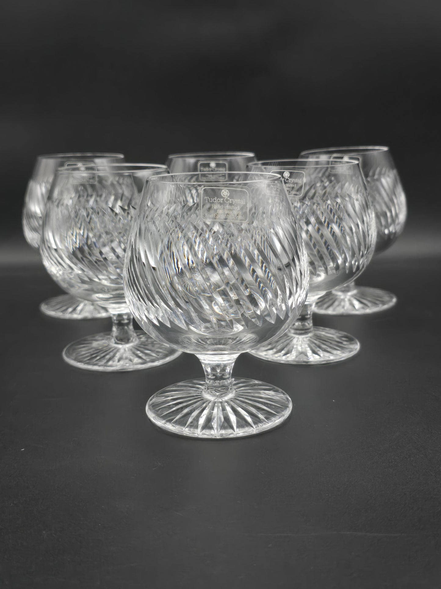 Set of 6 Tudor Crystal Aquitaine Pattern brandy glasses. 10oz