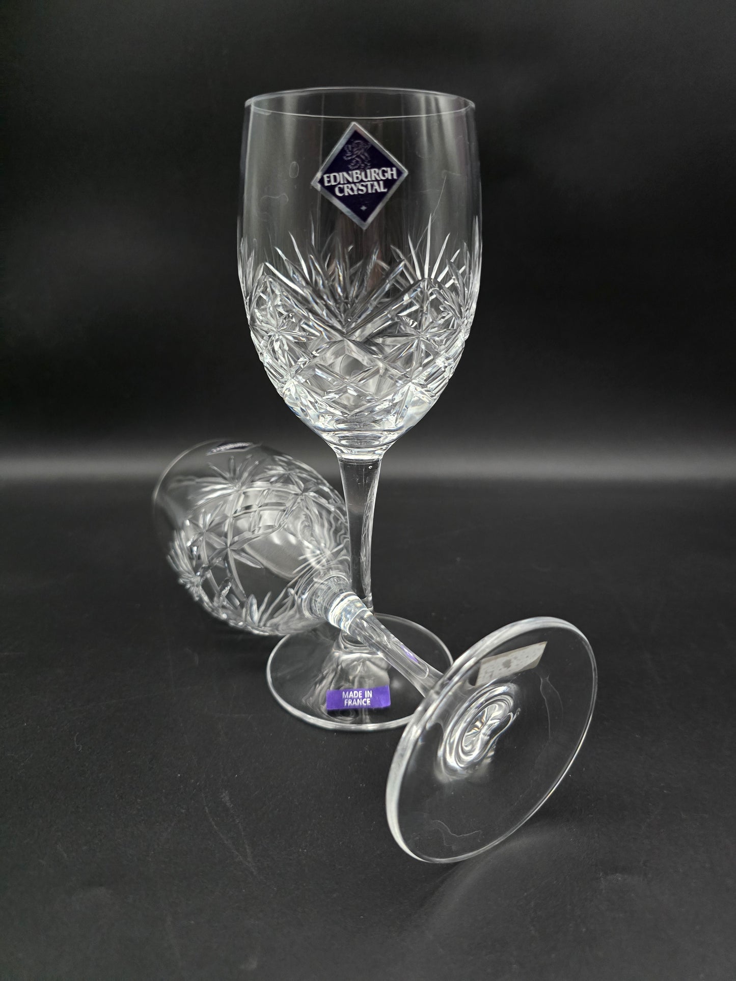 Pair of Large Edinburgh Crystal Duet Pattern Crystal wine glasses 250ml 18.5cm tall.