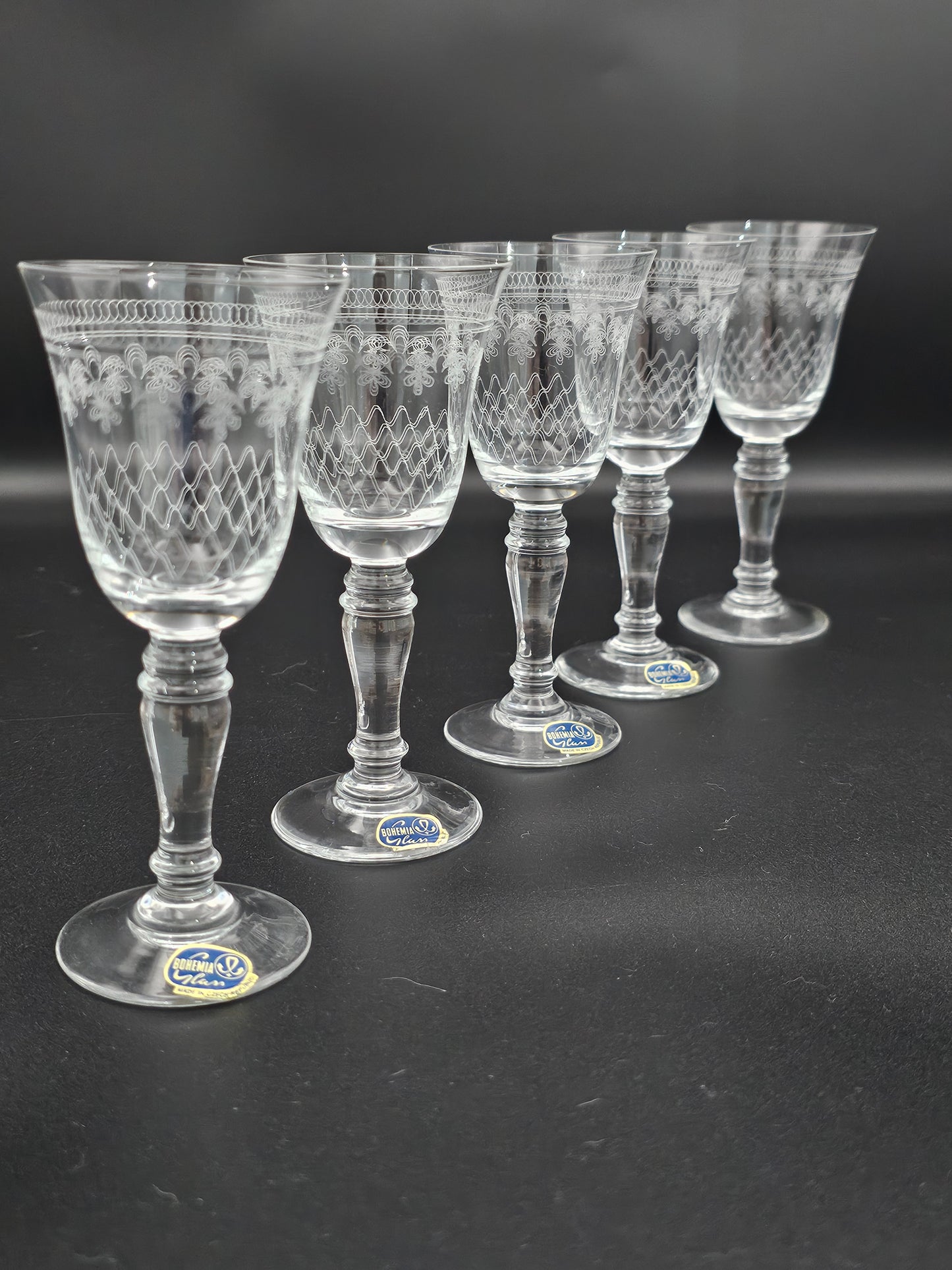 5 Vintage Bohemian Pall Mall pattern liqueur or Sherry glasses. 100ml