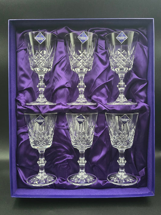 Set of 6 Edinburgh Crystal Wine Glasses – Lomond Pattern – Boxed – 200ml – Knopped Stem – Made in Scotland