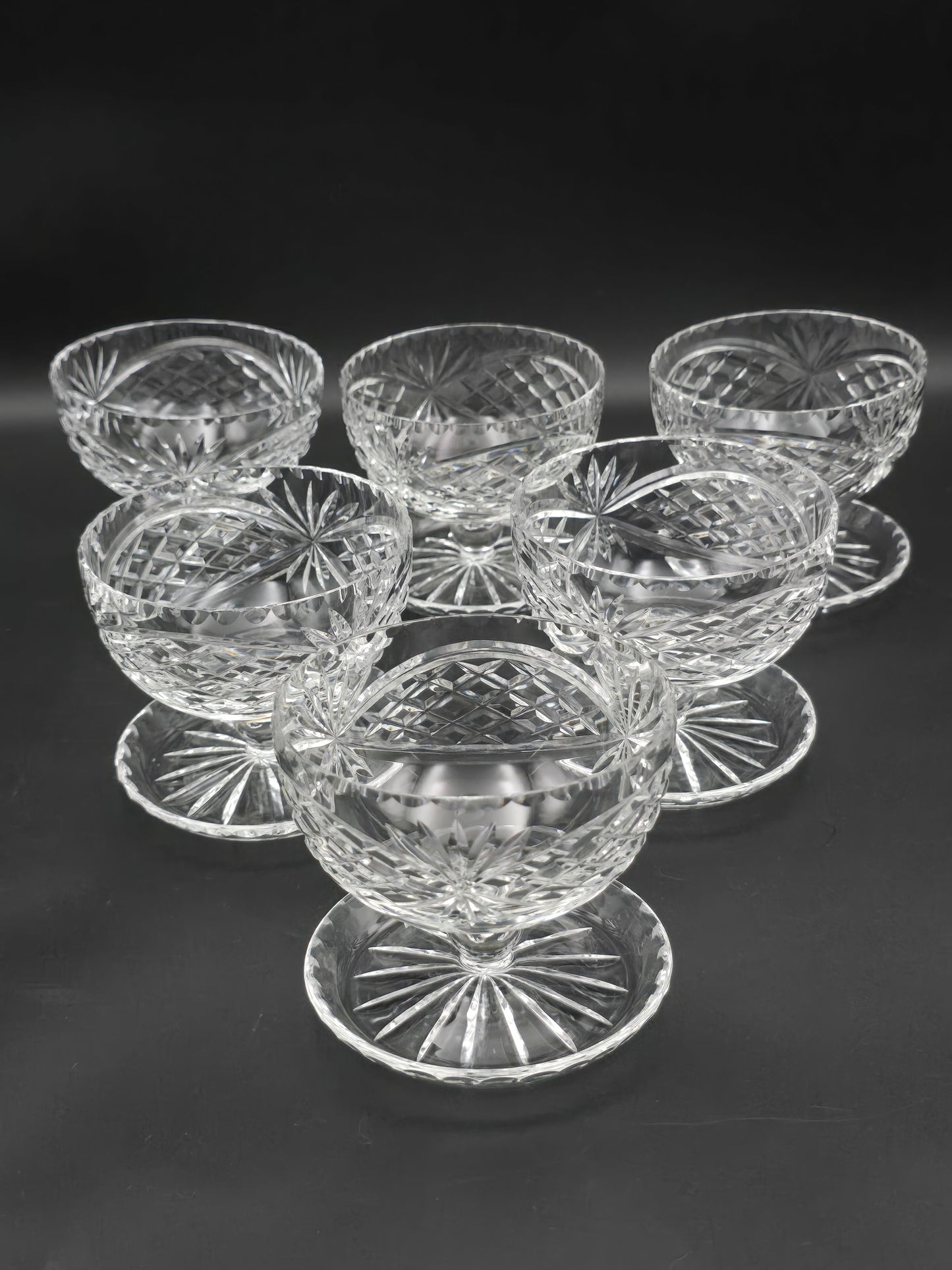 Beautiful vintage set of 6 Lipped Crystal starter or dessert saucer bowls