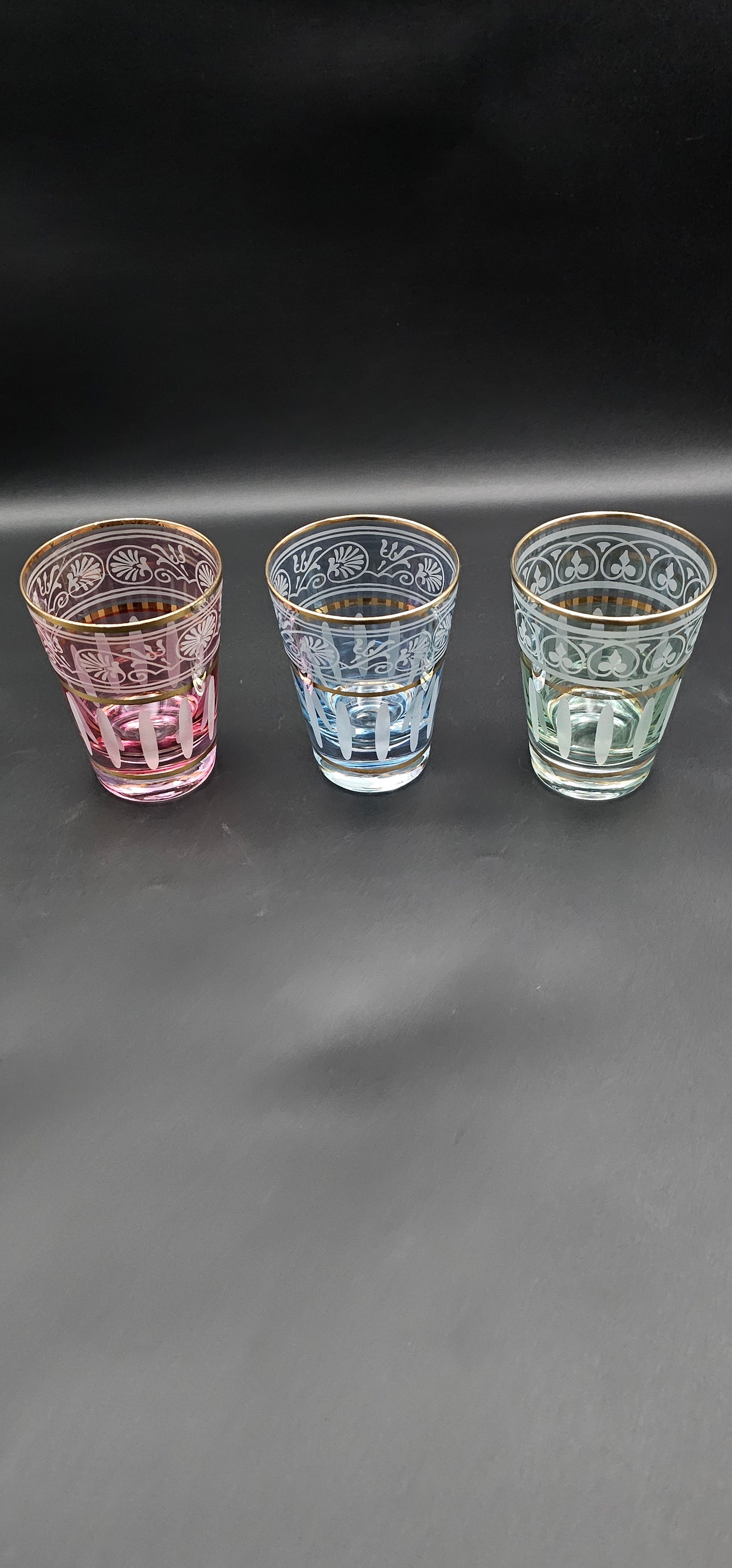 Trio of Coloured Tumblers with Gold coloured banding