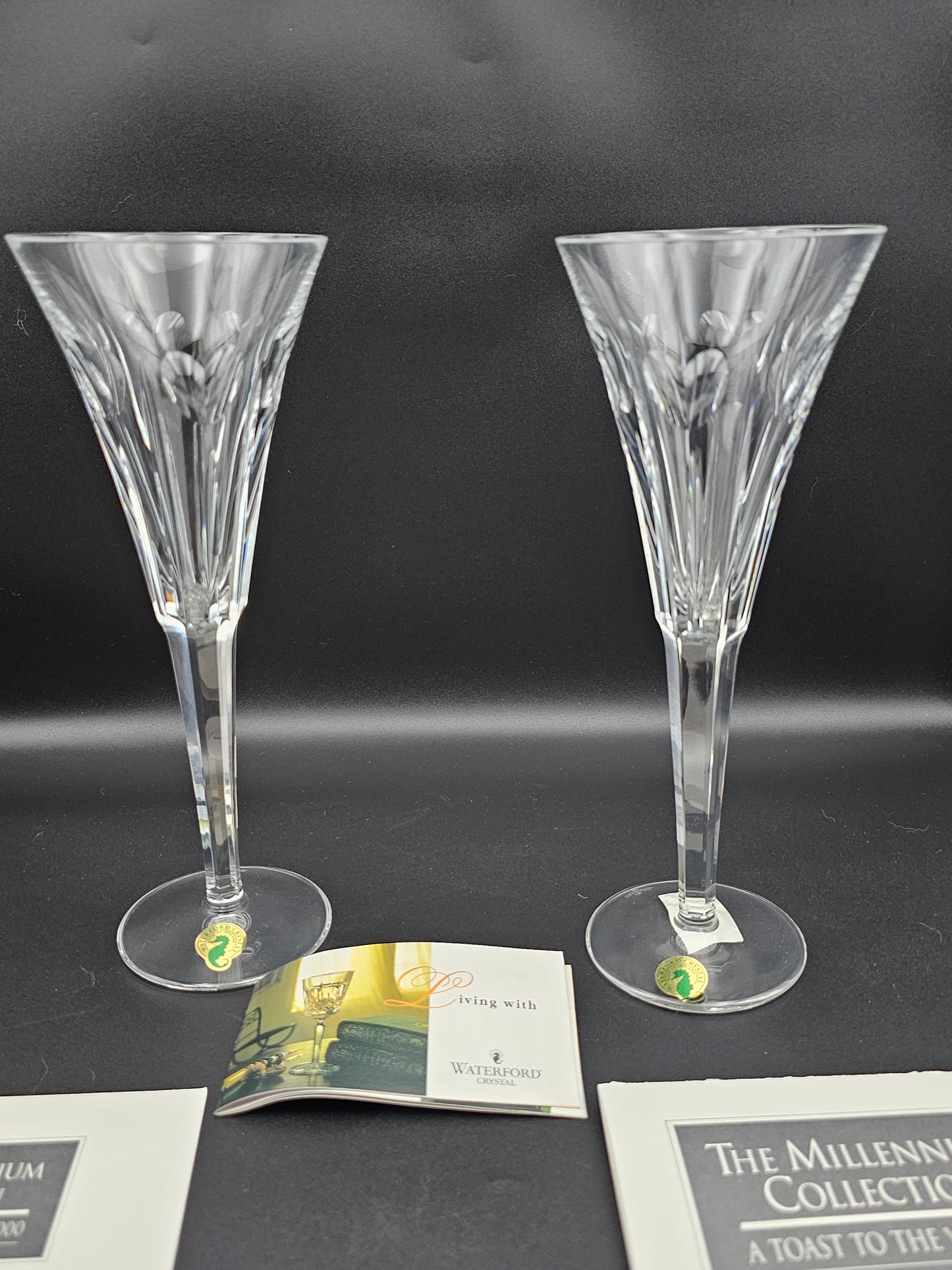 Waterford Crystal The Millennium Collection a toast to the Year 2000 Toasting Flutes Pair. Second Toast Love