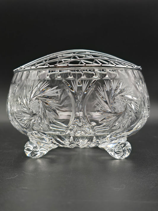 Vintage 5" Pinwheel Cut Crystal Rose Bowl with Silver Wire Mesh & Footed Base – Elegant Small Centrepiece