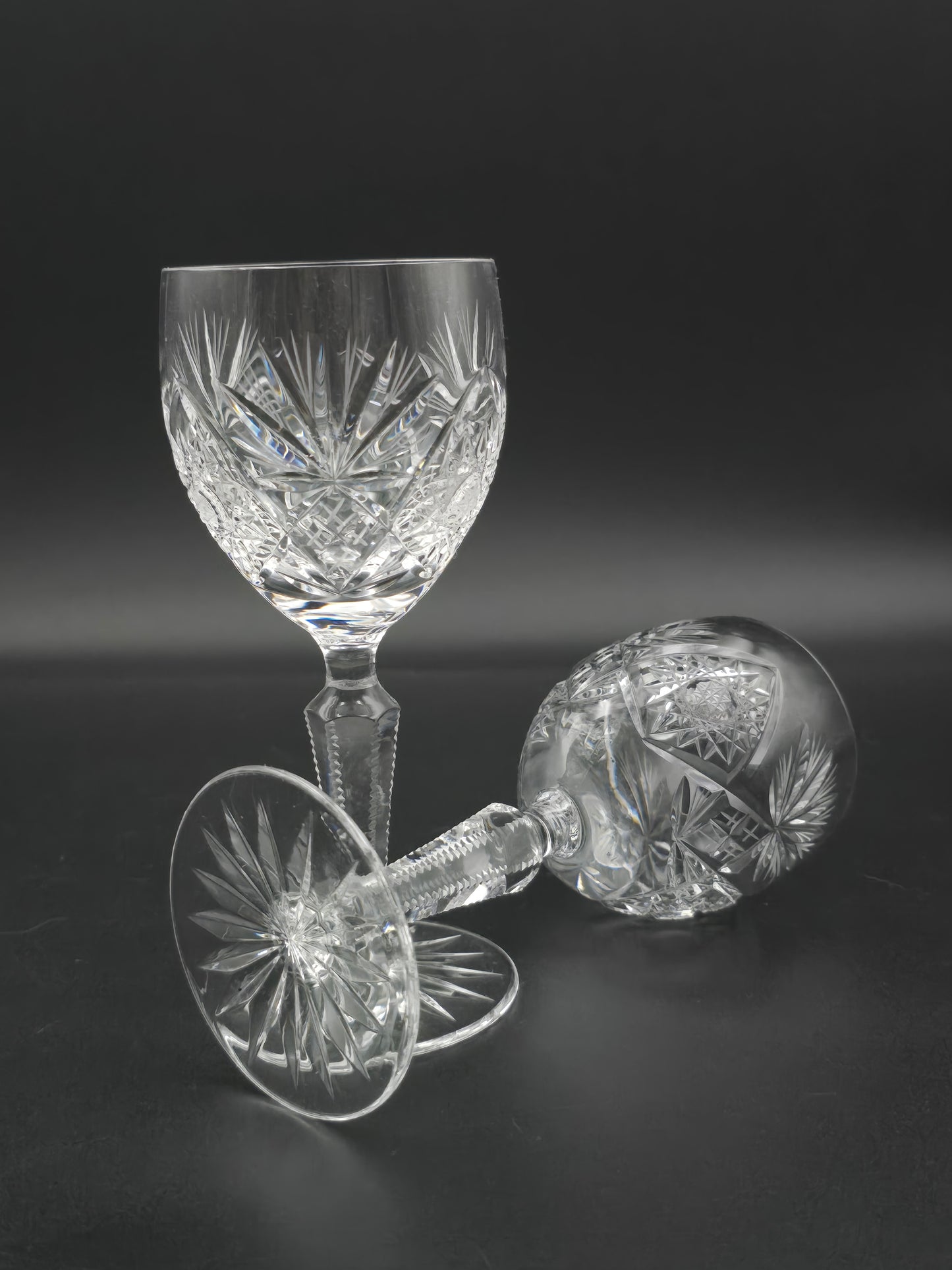 Pair of Vintage Cut Small Crystal Wine or Sherry Glasses – 150ml | Tapered Textured Stem | Star Base | British c.1950s–70s