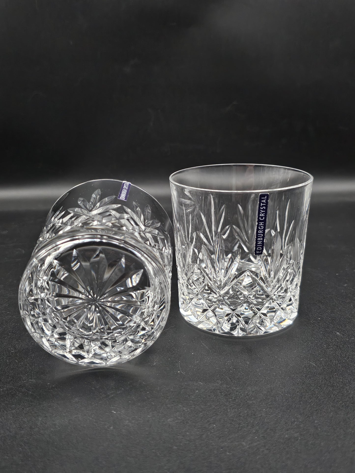 Pair of Edinburgh Crystal Tay Pattern 9oz Whisky Tumblers with lables Boxed