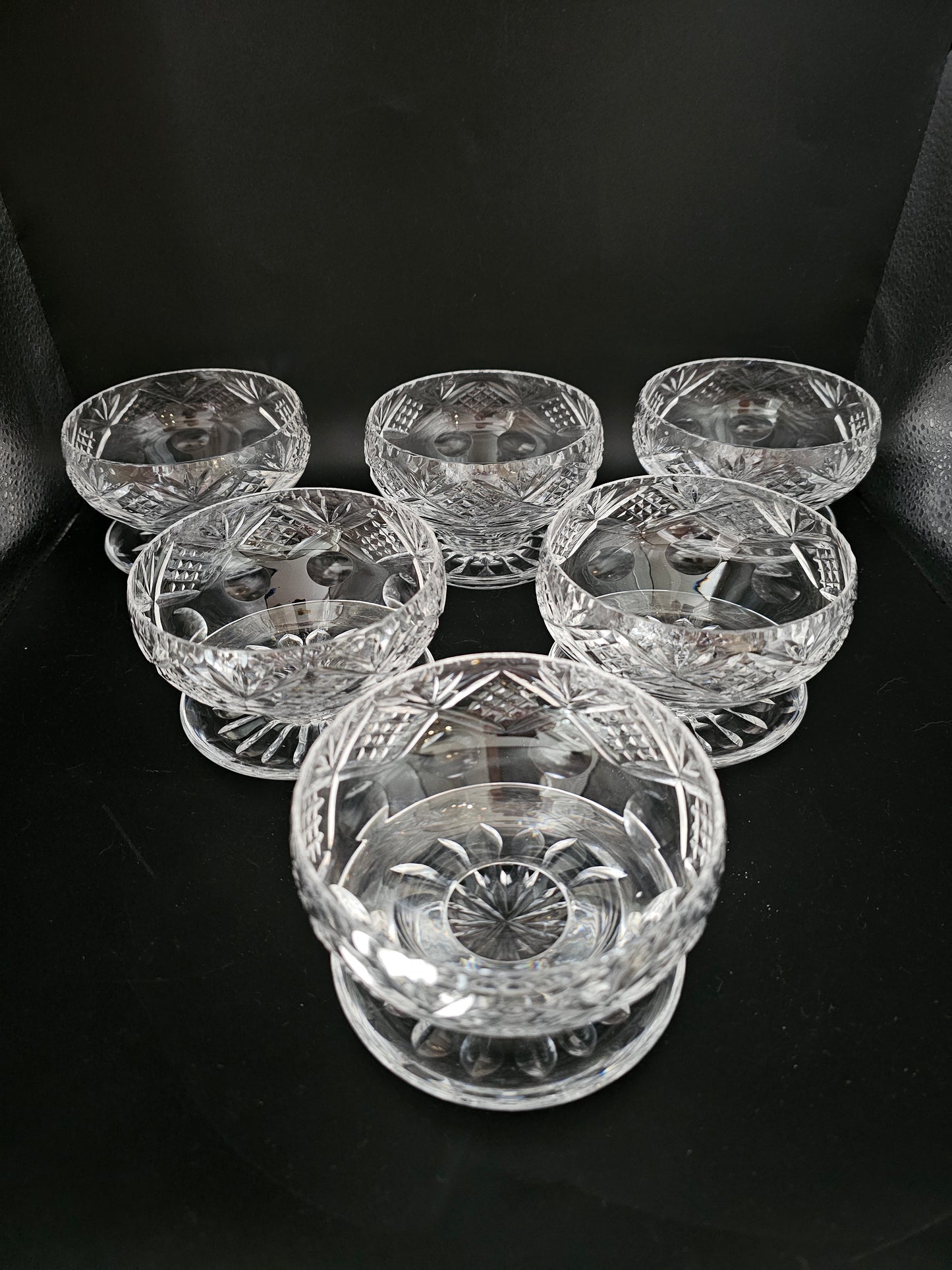 Set of 6 Royal Doulton Georgian Pattern Crystal Starter or Dessert dishes with lipped saucers.
