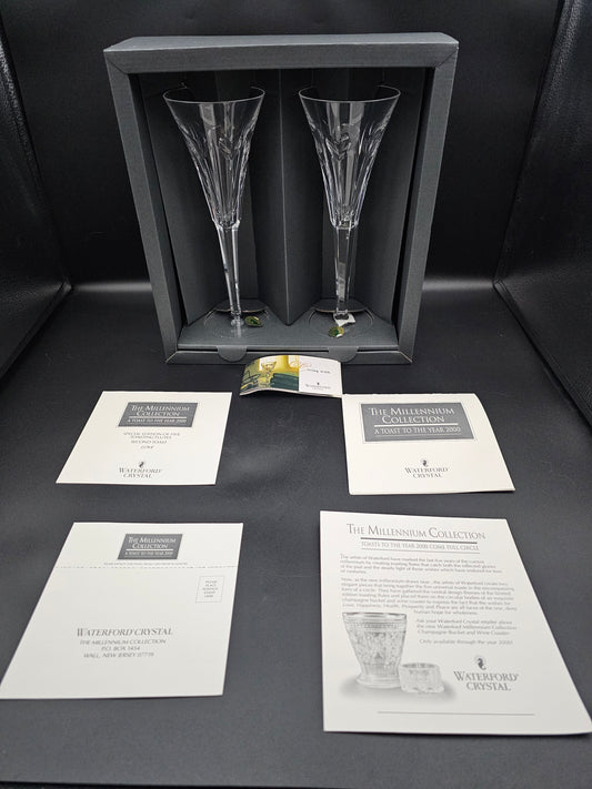 Waterford Crystal The Millennium Collection a toast to the Year 2000 Toasting Flutes Pair. Second Toast Love