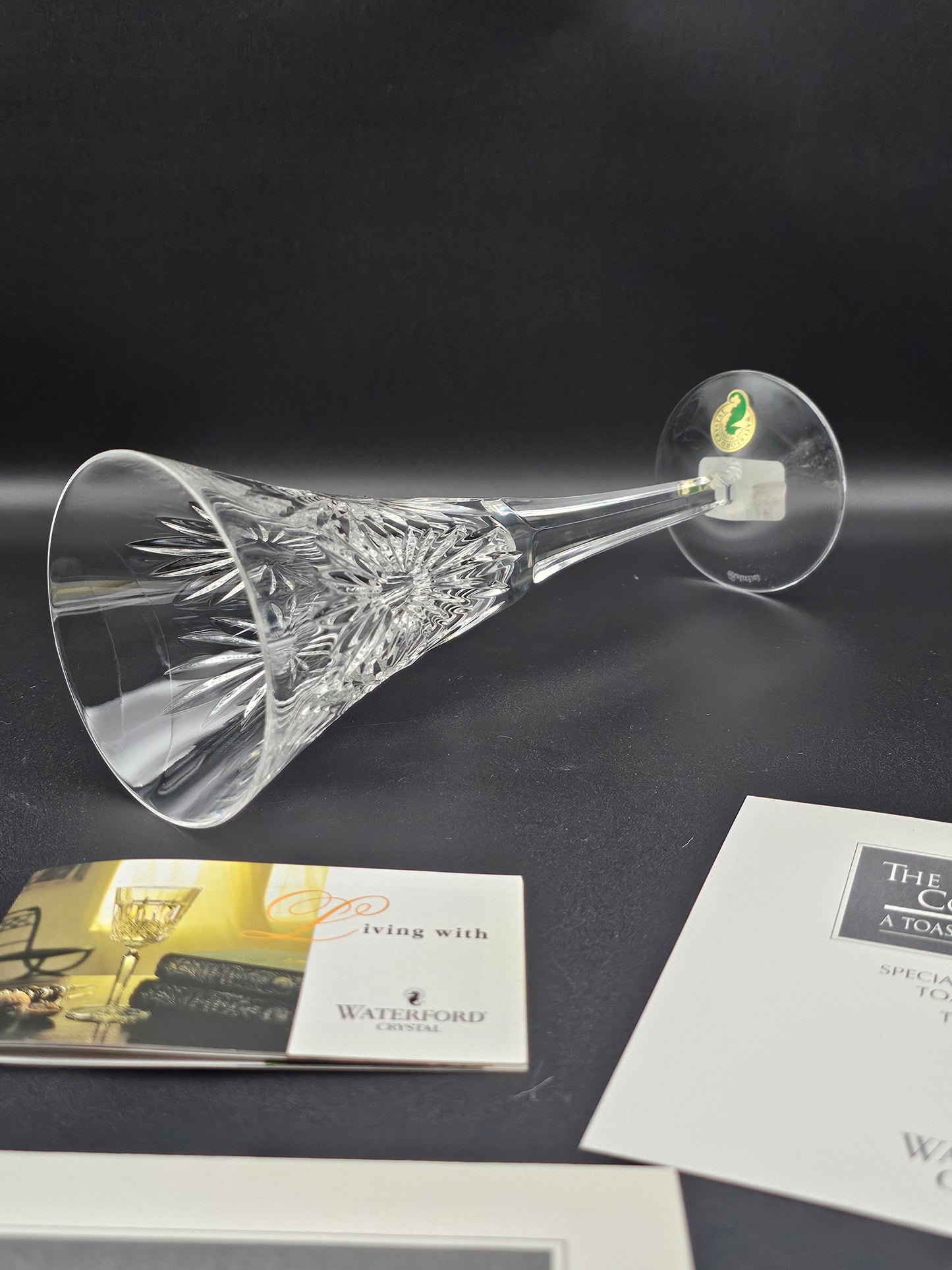 Waterford Crystal Champagne Pair of trumpet flutes.The Millennium Collection a toast to the year 2000.Third Toast Health. 23.5cm tall