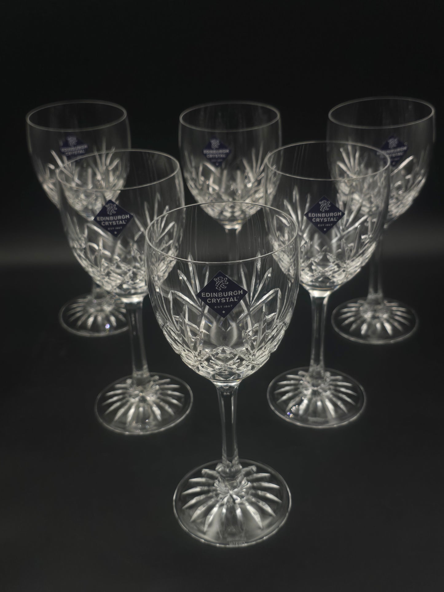 Set of 6 Edinburgh Crystal Tay Wine Glasses 275ml – Boxed, Unused, With Stickers – Textured Stem, Star Cut Base – 19cm Tall